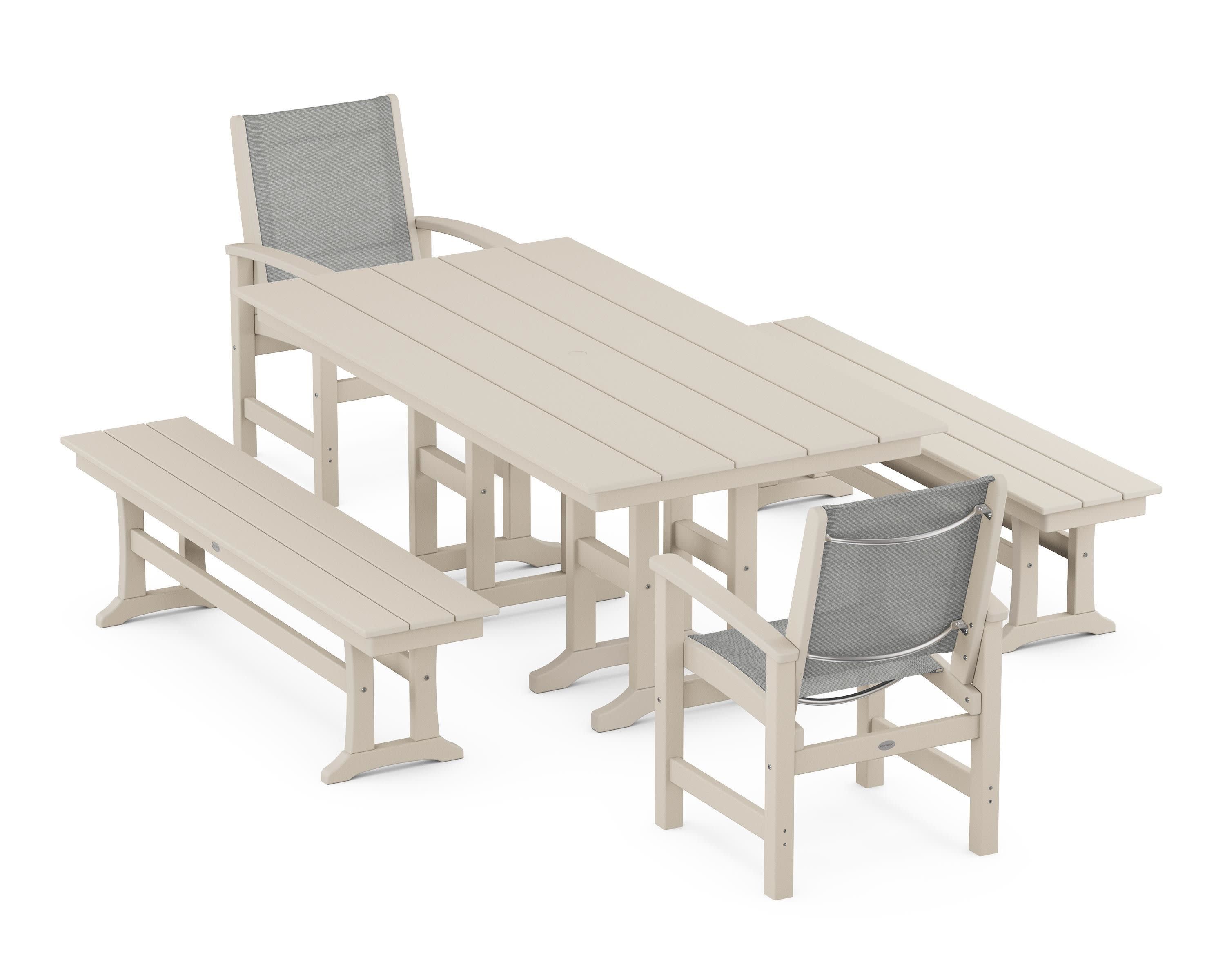 Coastal 5-Piece Farmhouse Dining Set in Sand / Metallic Sling