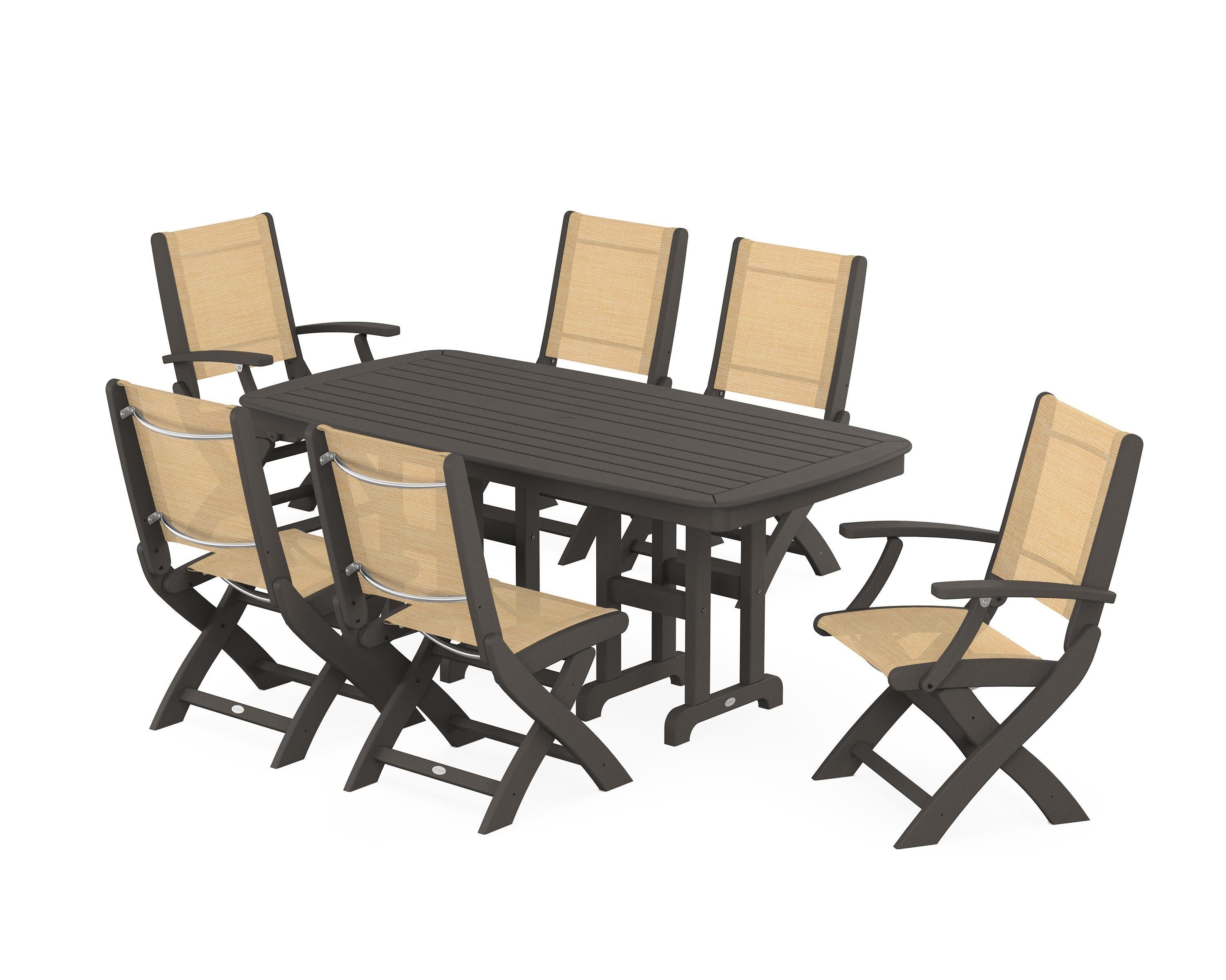 Coastal Folding Chair 7-Piece Dining Set in Vintage Coffee / Dupioni Apricot Sling