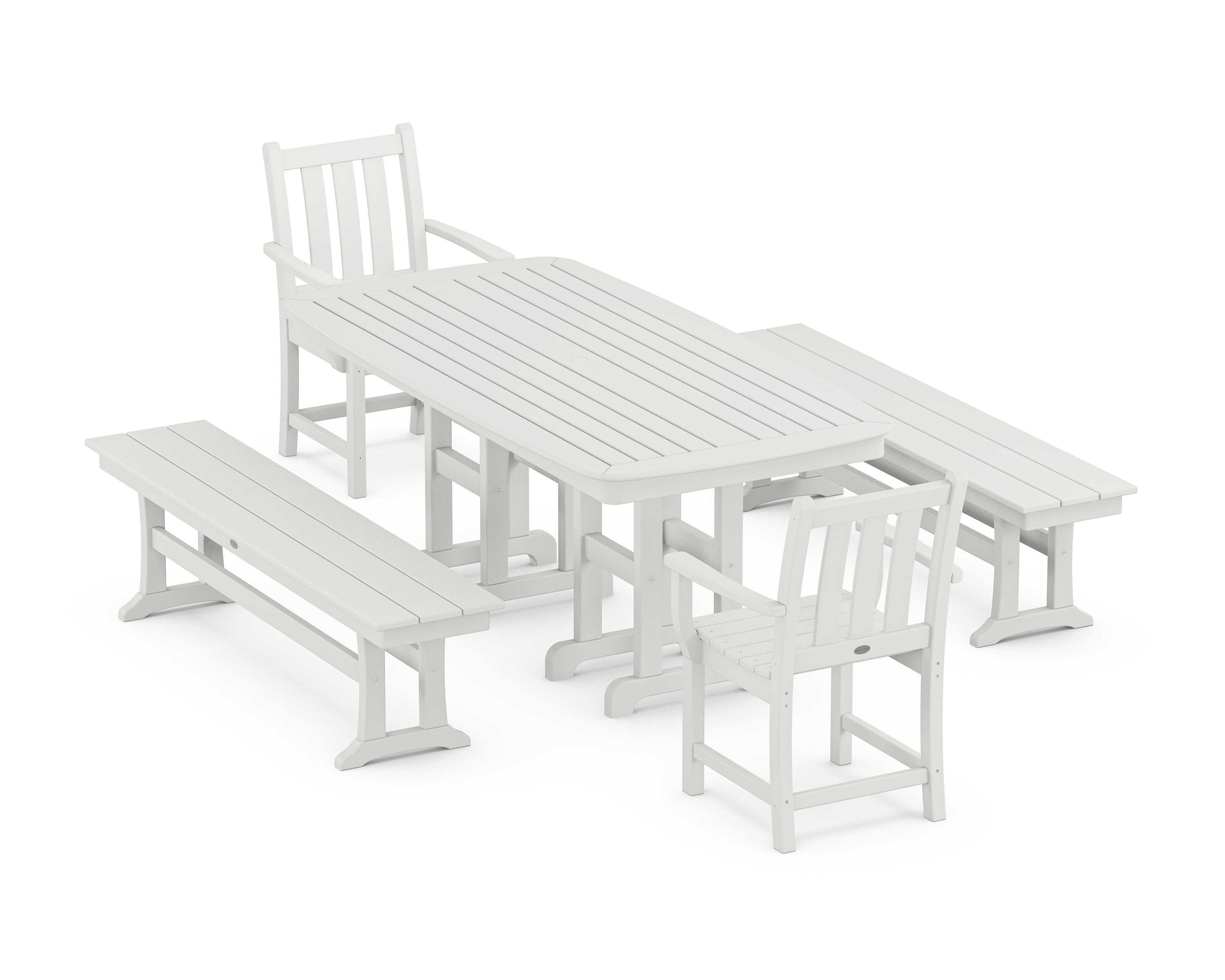 Traditional Garden 5-Piece Dining Set with Benches in White