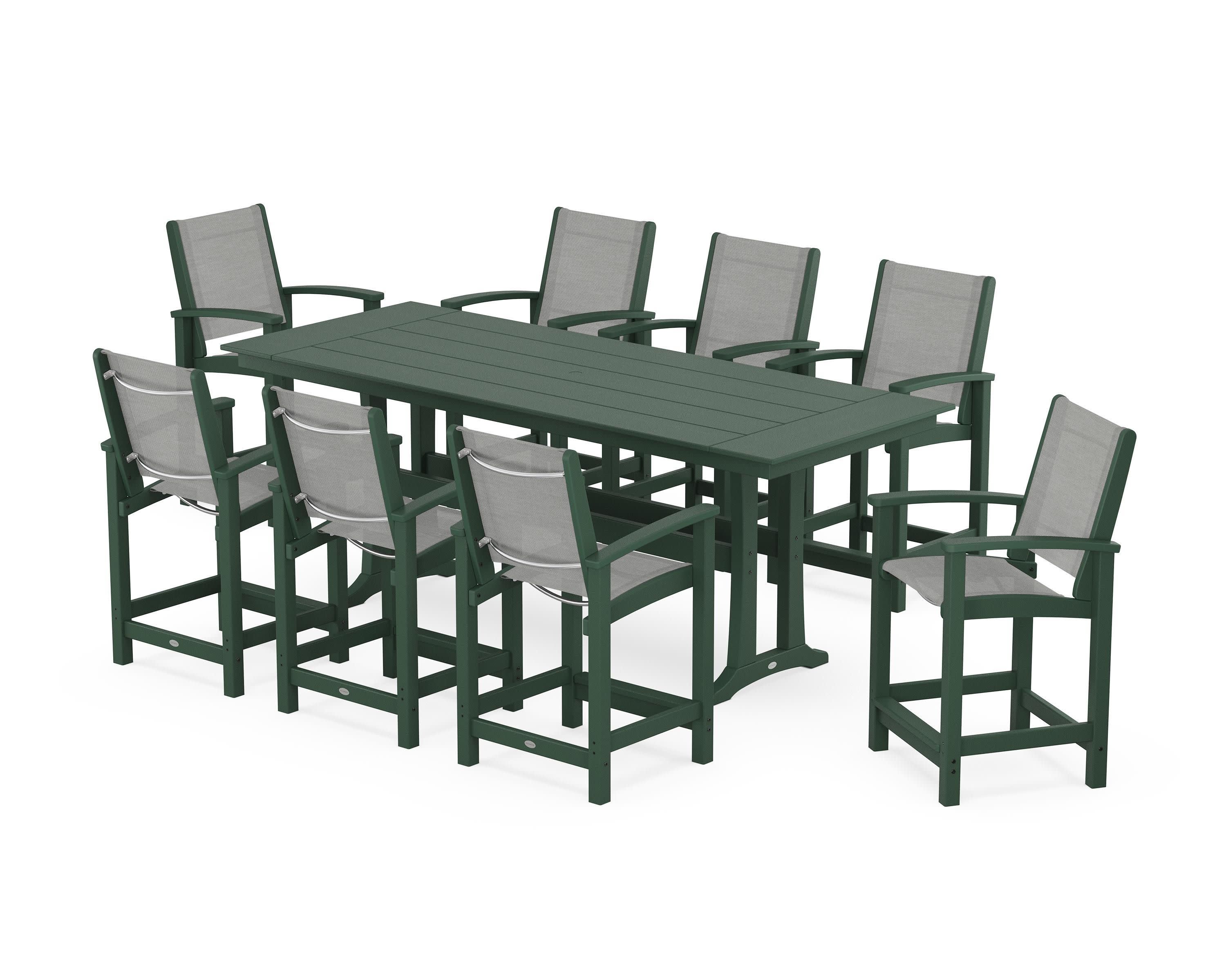 Coastal 9-Piece Farmhouse Counter Set with Trestle Legs in Green / Metallic Sling