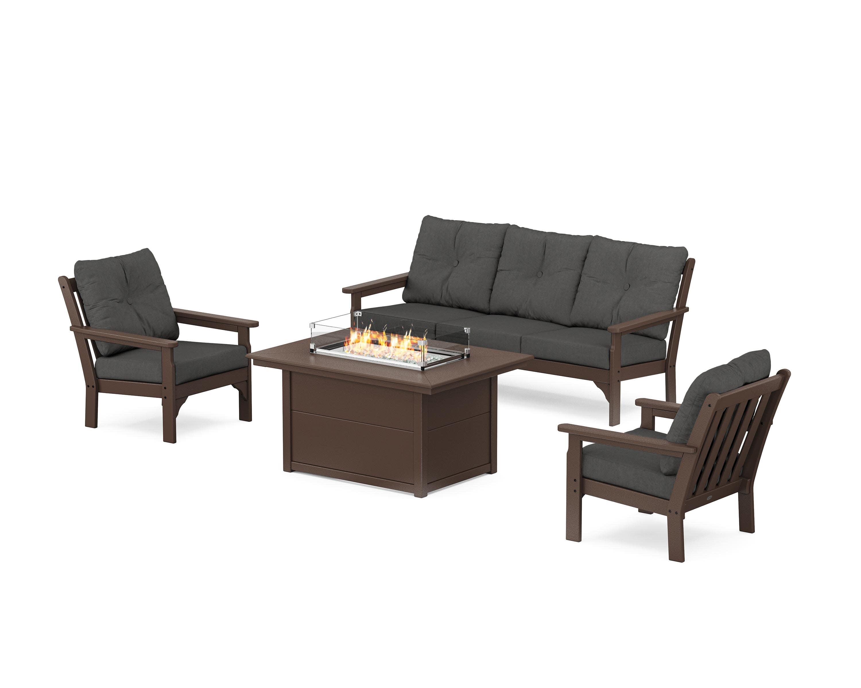 Vineyard Deep Seating Fire Pit Table Set in Mahogany / Spectrum Carbon