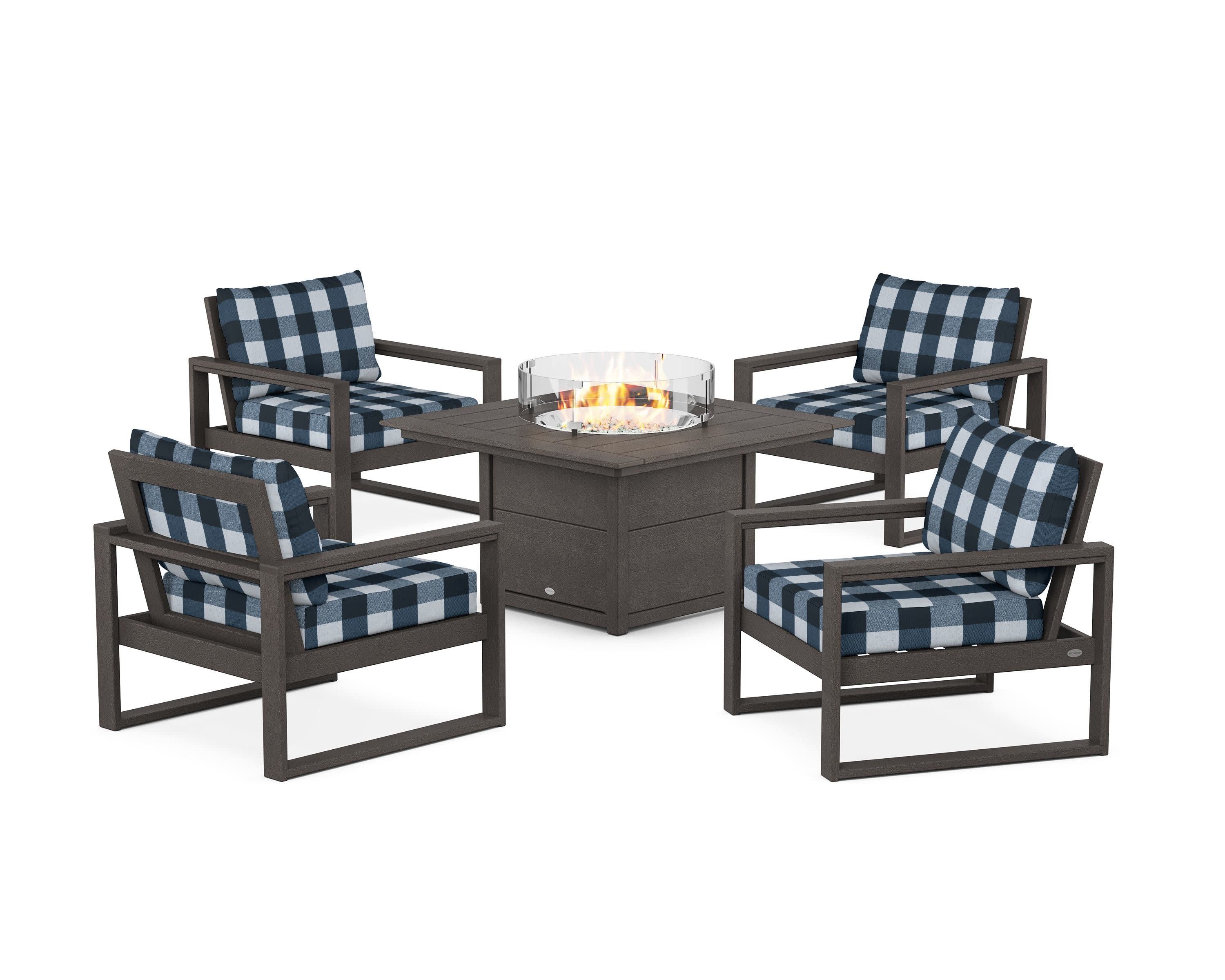 EDGE Sectional 5-Piece Deep Seating Set with Fire Pit Table in Vintage Coffee / Buffalo Plaid Marine Indigo