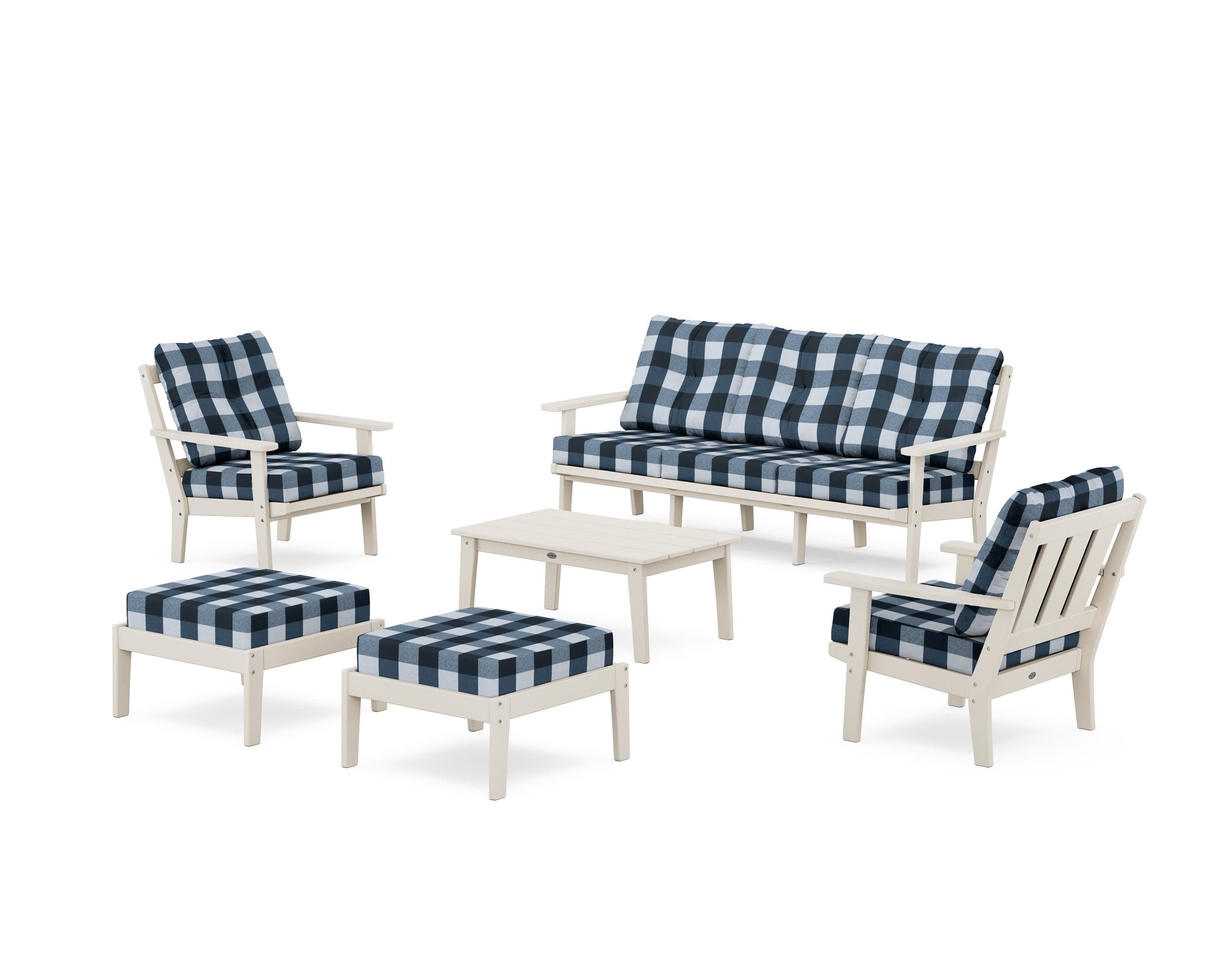 Oxford 6-Piece Lounge Sofa Set in Sand / Buffalo Plaid Marine Indigo