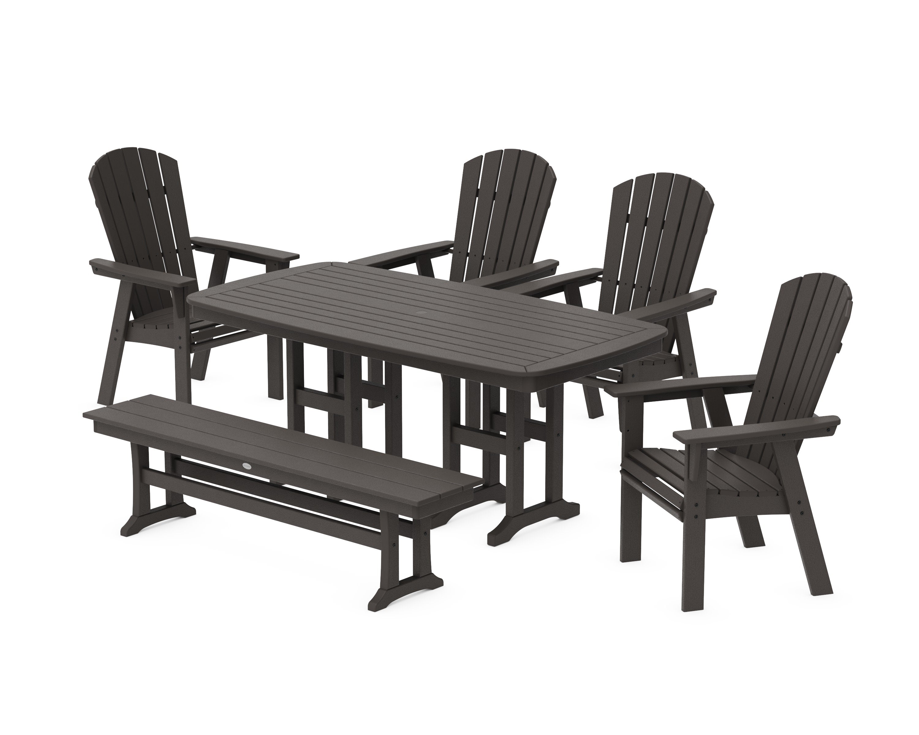 Nautical Curveback Adirondack 6-Piece Dining Set with Bench in Vintage Coffee
