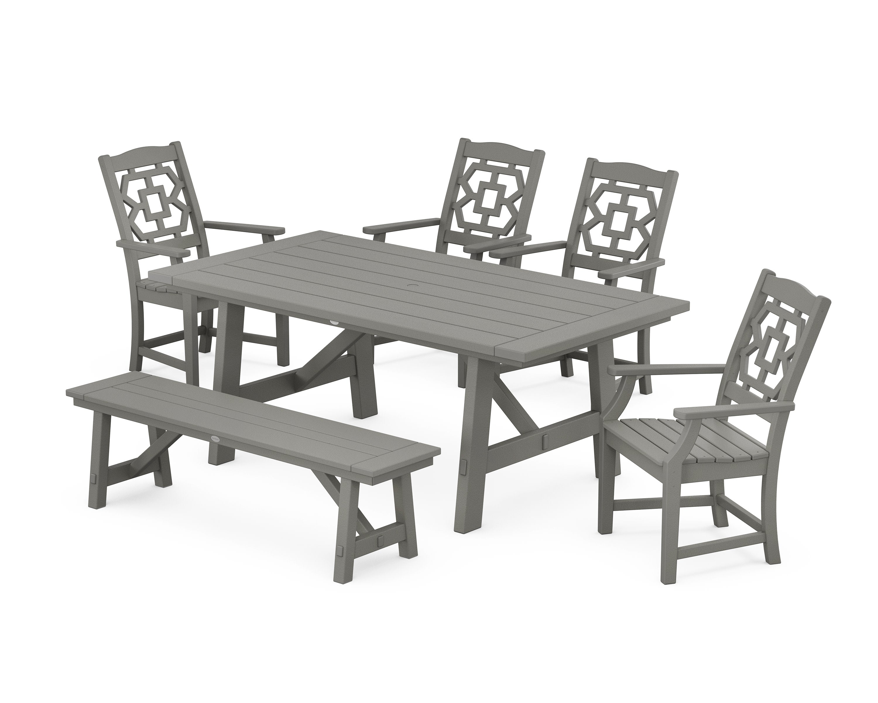 Chinoiserie 6-Piece Rustic Farmhouse Dining Set with Bench in Slate Grey
