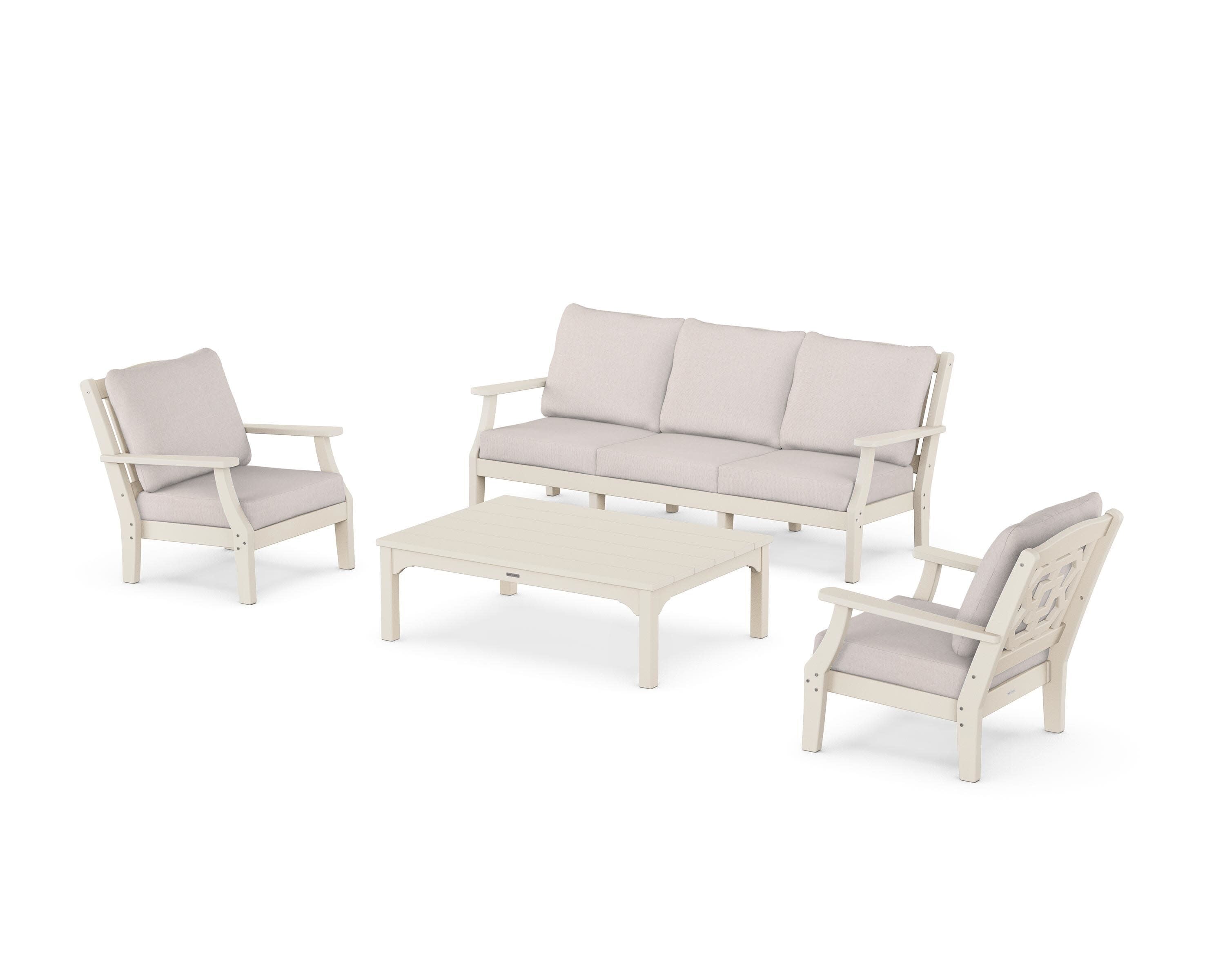 Chinoiserie 4-Piece Deep Seating Set with Sofa in Sand / Dune Burlap