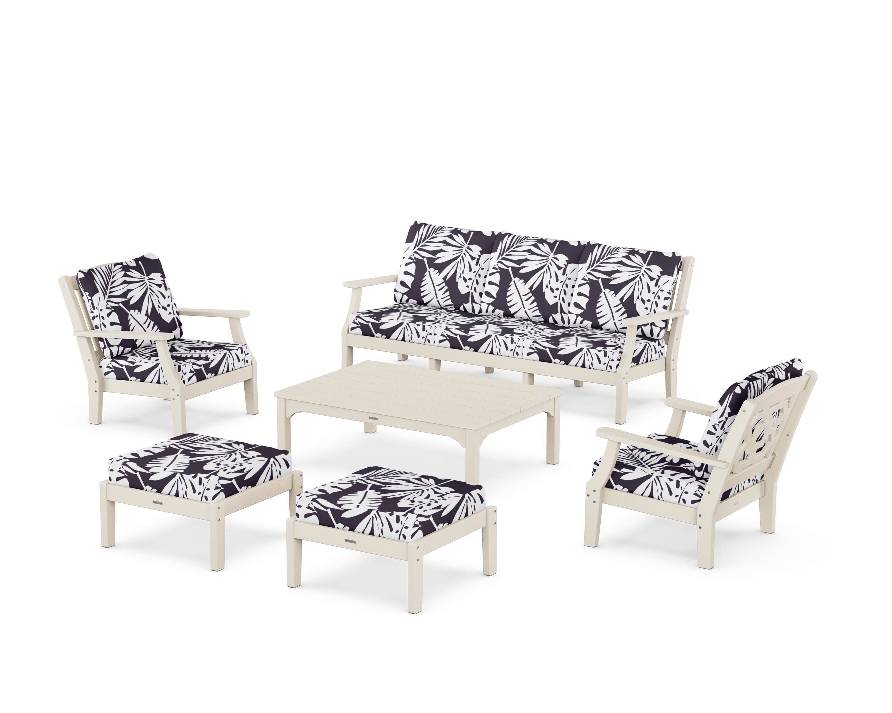Chinoiserie 6-Piece Lounge Sofa Set in Sand / Leaf Navy