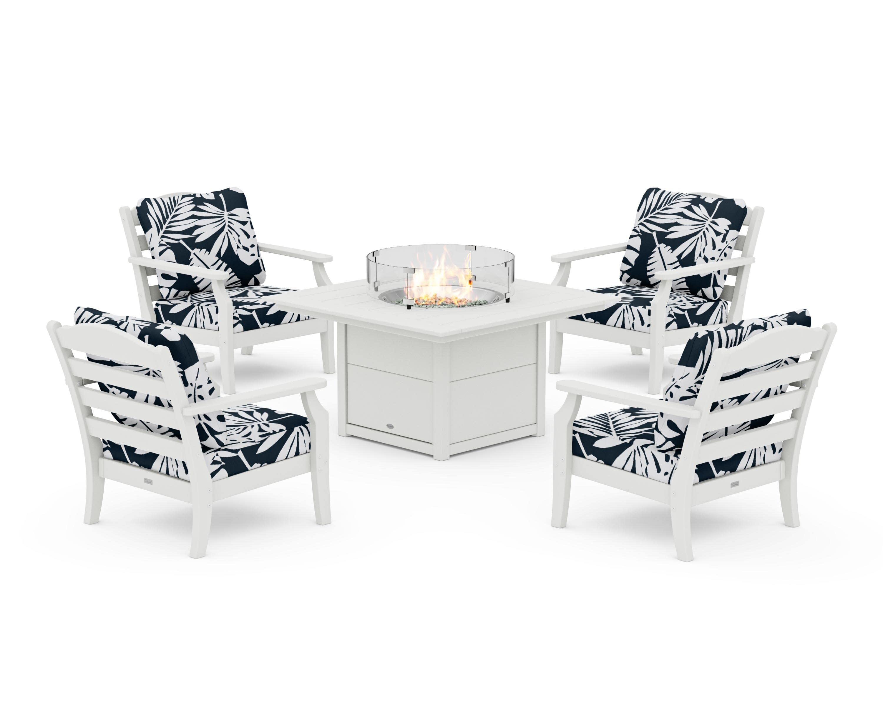 Savannah 5-Piece Deep Seating Set with Fire Pit Table in Vintage White / Leaf Marine Indigo