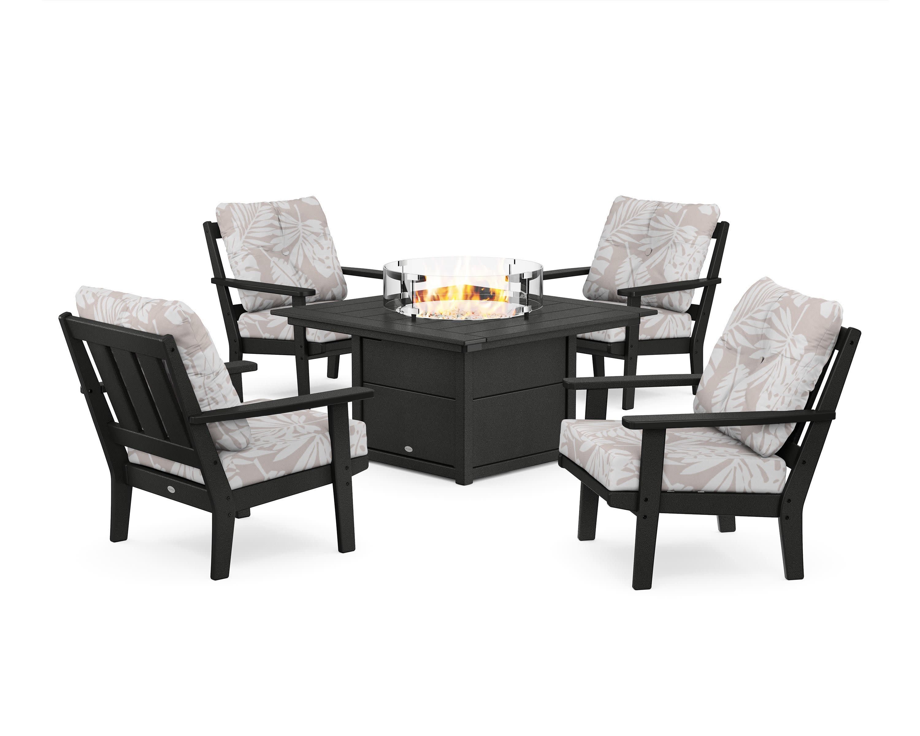 Oxford 5-Piece Deep Seating Set with Fire Pit Table in Black / Leaf Dune Burlap