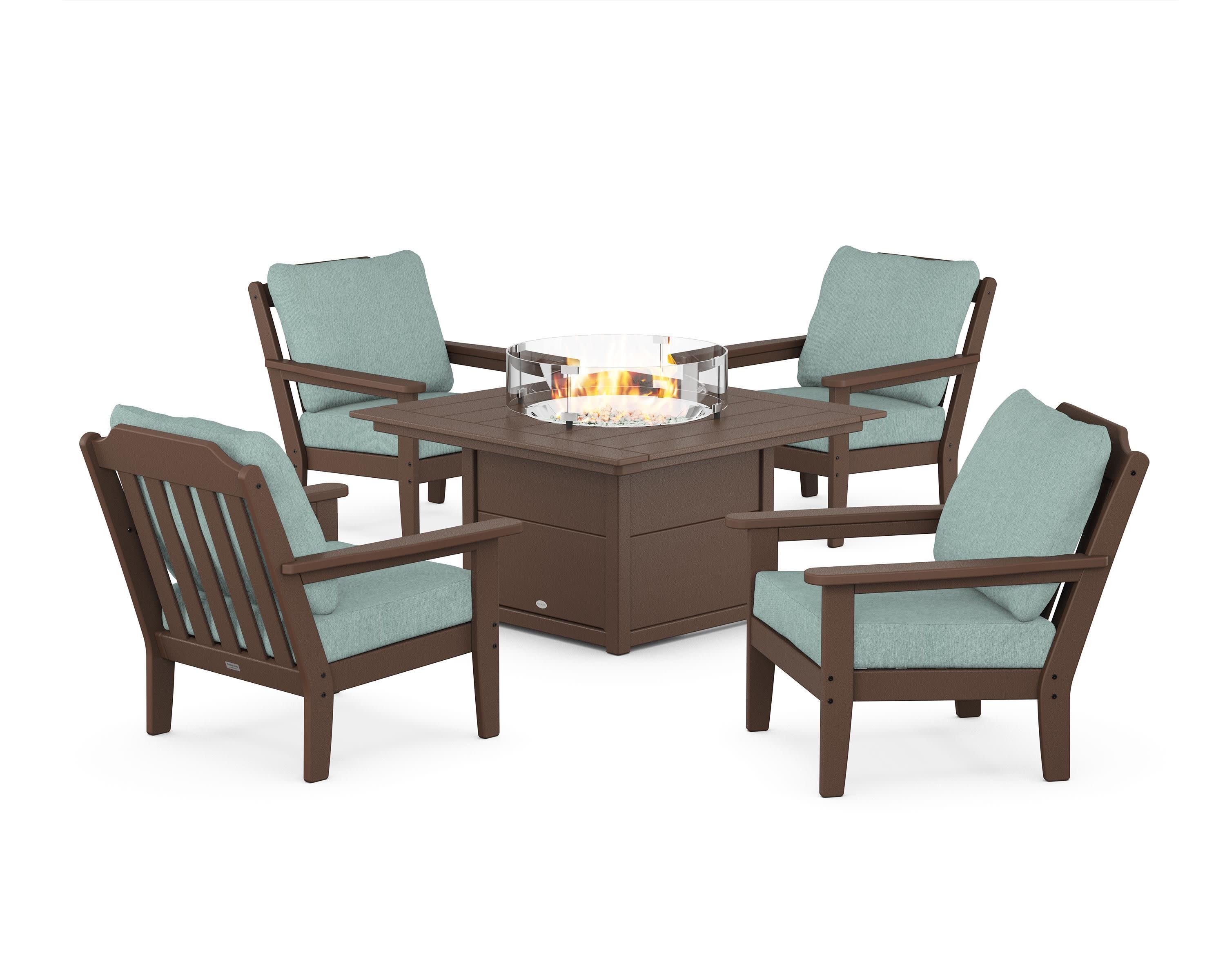Cottage 5-Piece Deep Seating Set with Fire Pit Table in Mahogany / Glacier Spa