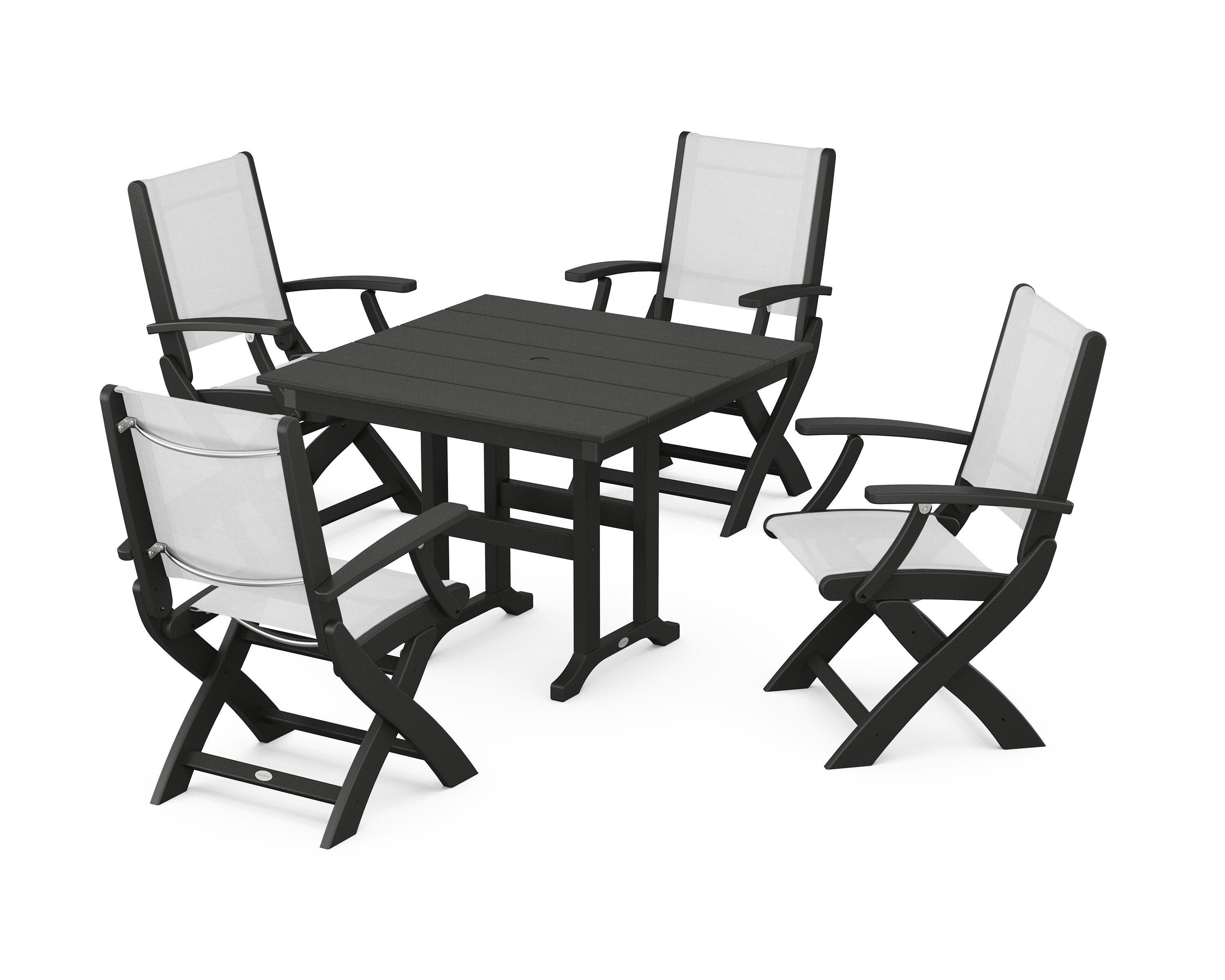 Coastal Folding Chair 5-Piece Farmhouse Dining Set in Black / White Sling