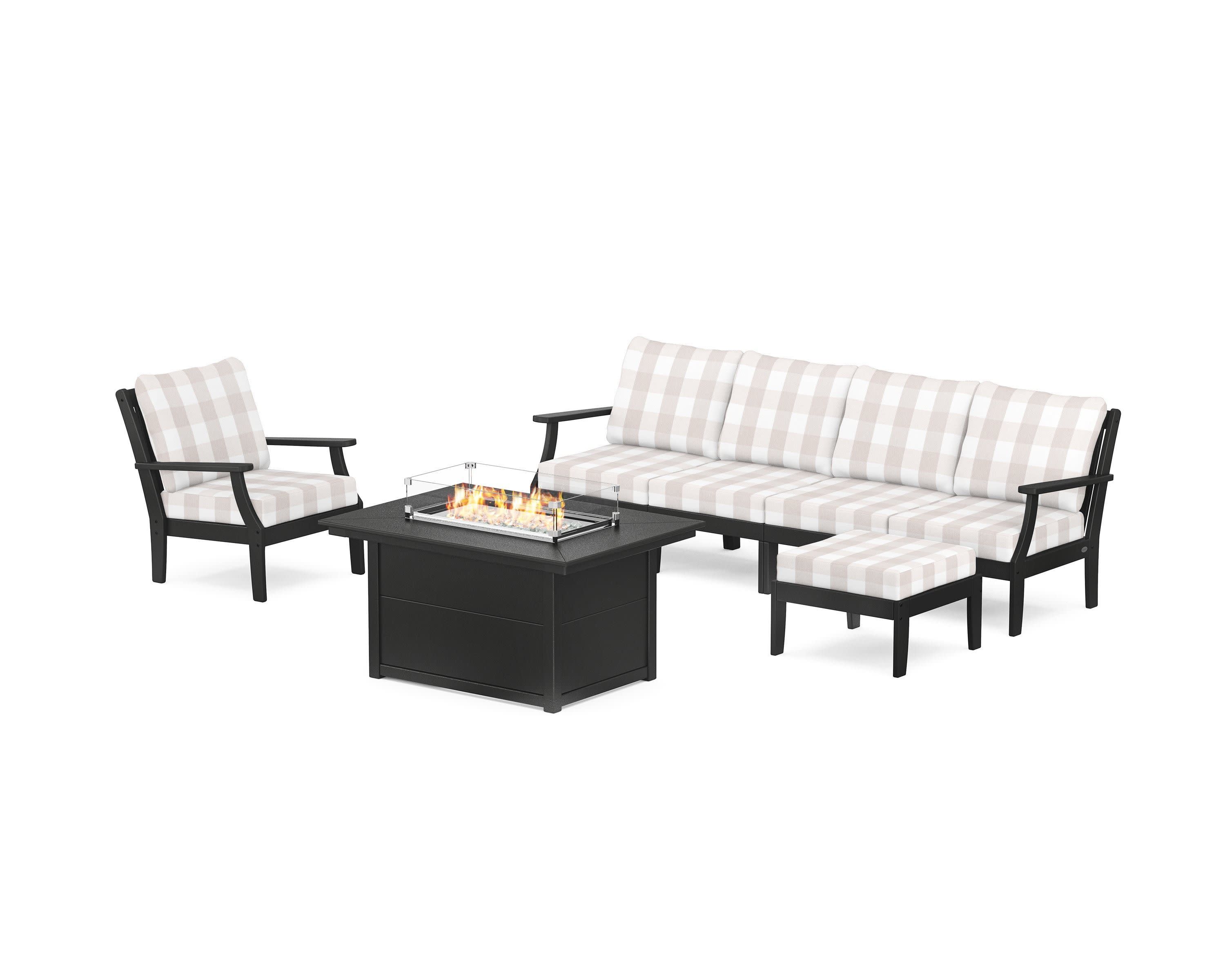 Braxton Sectional Lounge and Fire Pit Set in Black / Buffalo Plaid Dune Burlap