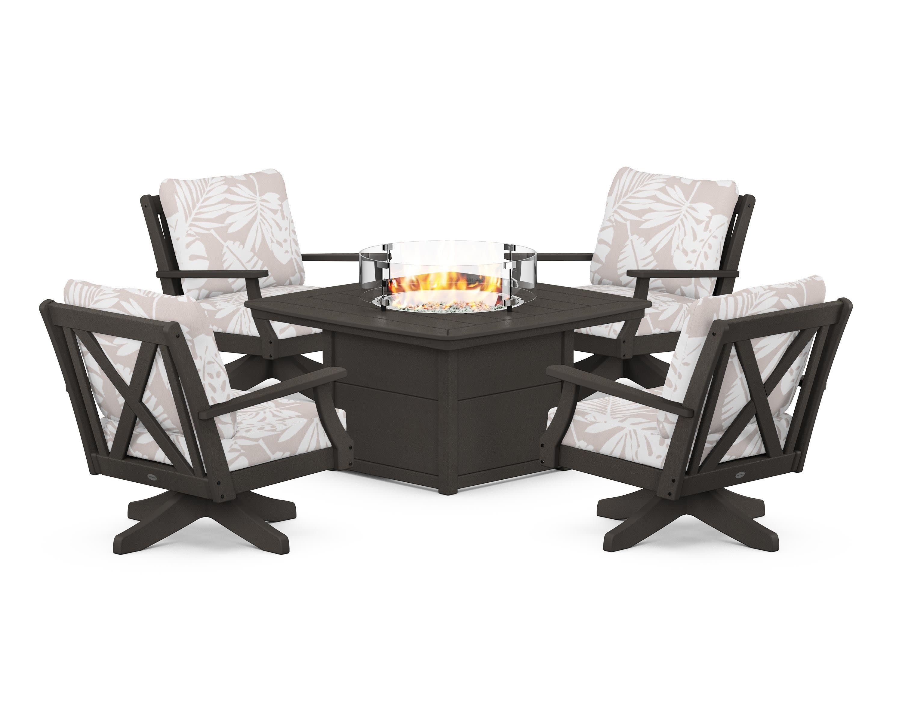 Braxton 5-Piece Deep Seating Swivel Conversation Set with Fire Pit Table in Vintage Coffee / Leaf Dune Burlap