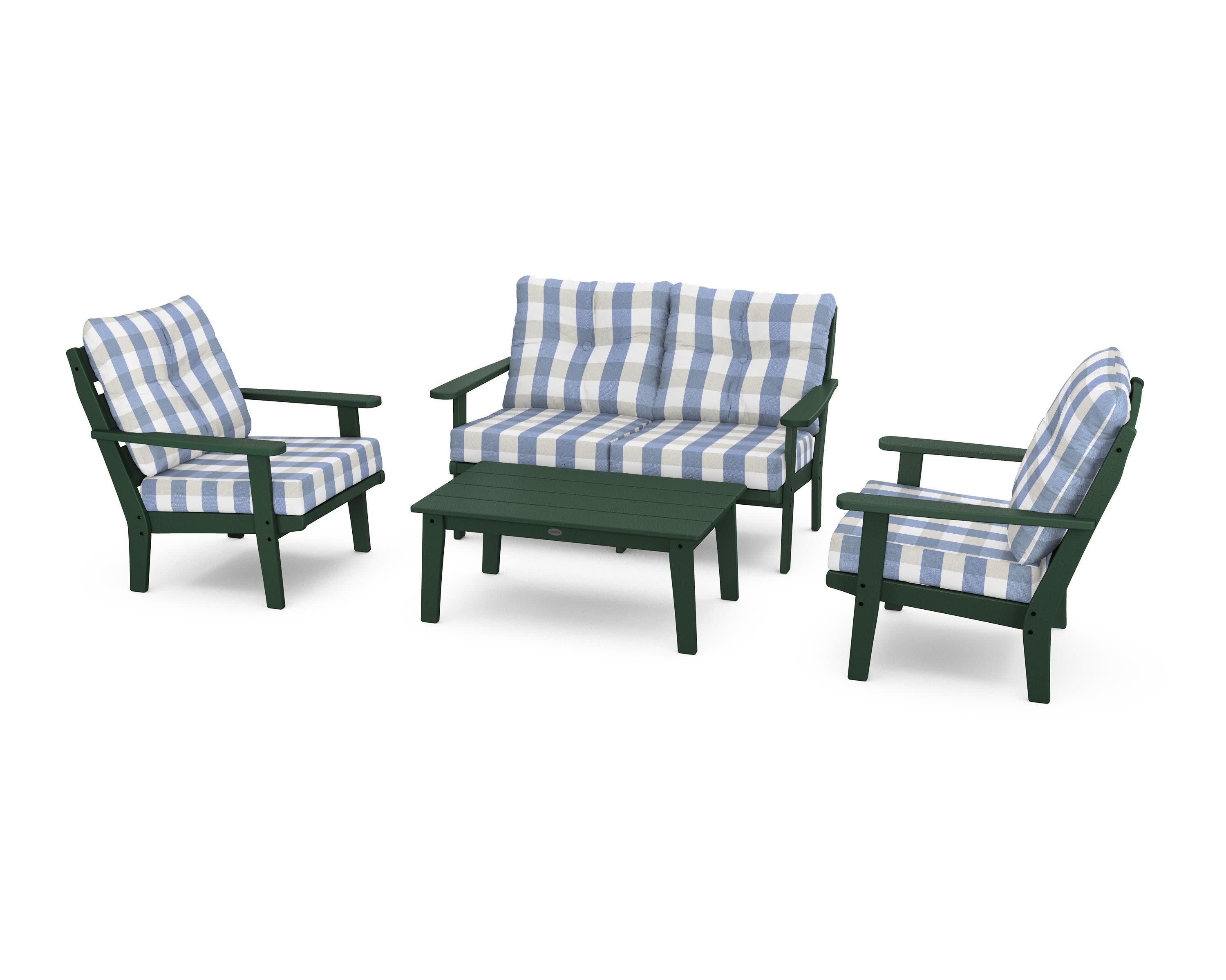 Lakeside 4-Piece Deep Seating Set in Green / Buffalo Plaid Sky Blue