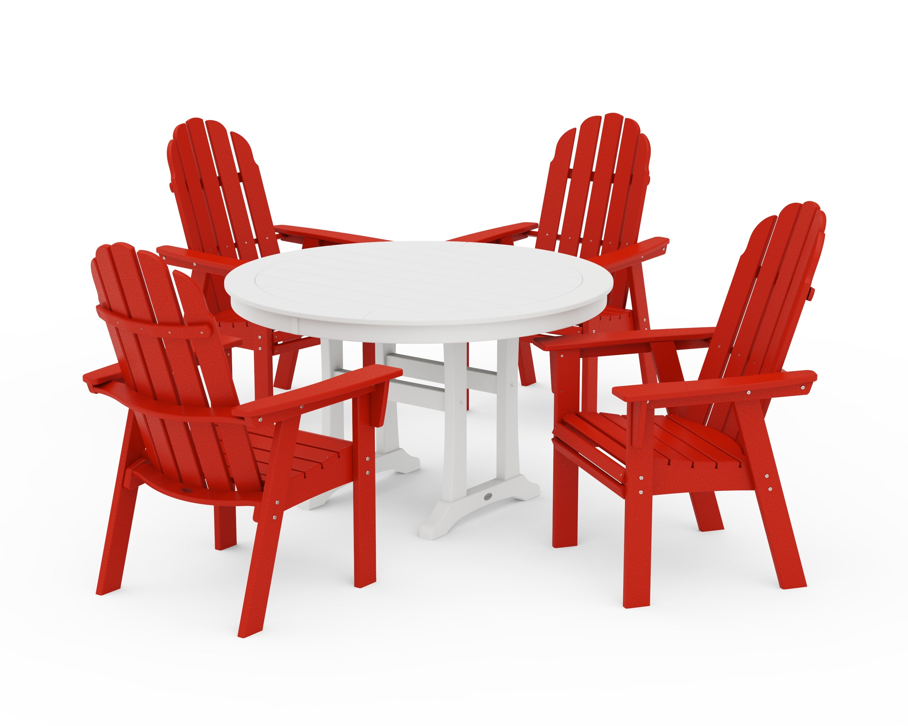 Vineyard Curveback Adirondack 5-Piece Nautical Trestle Dining Set in Sunset Red / White