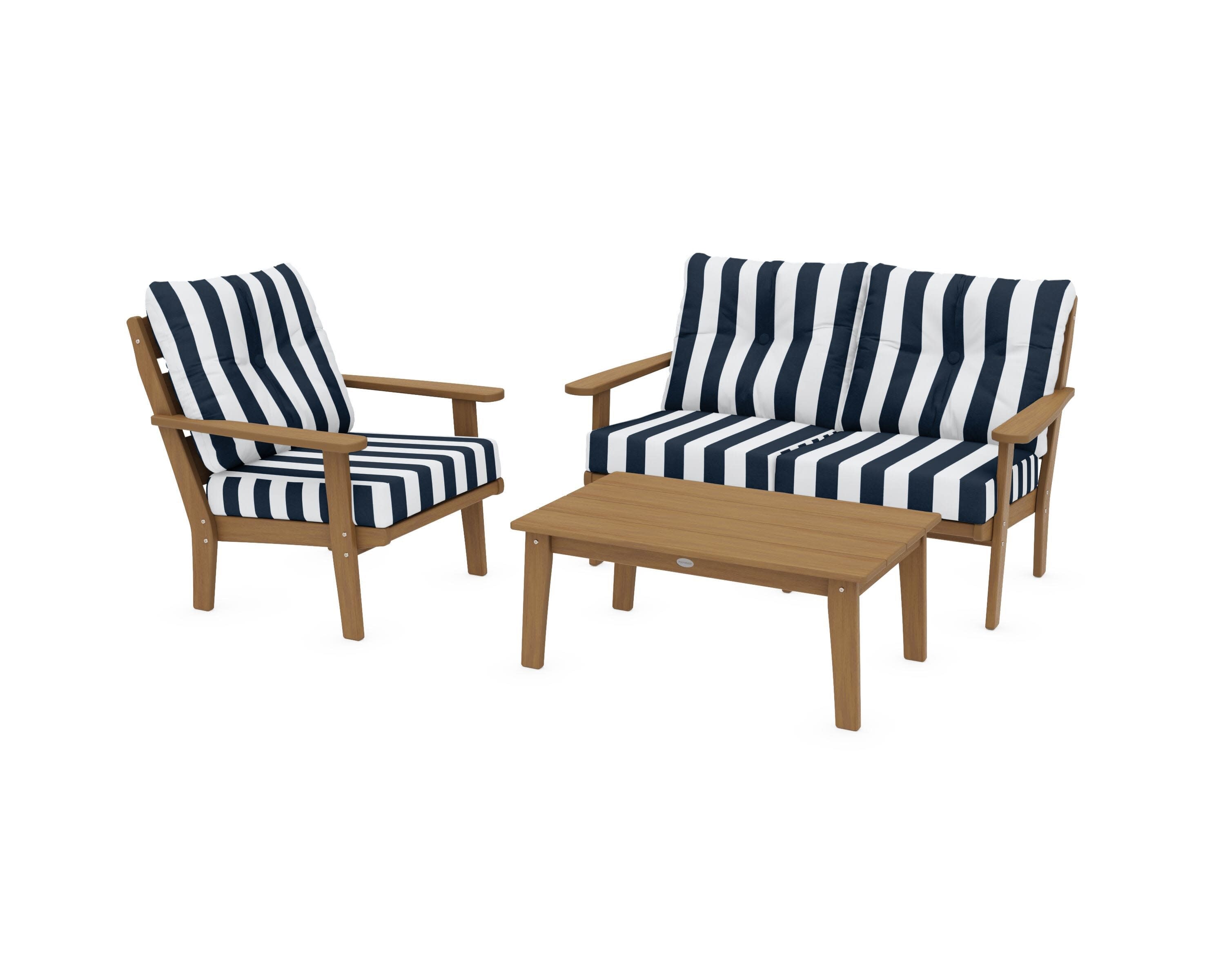Lakeside 3-Piece Deep Seating Set in Natural / Cabana Stripe Marine Indigo