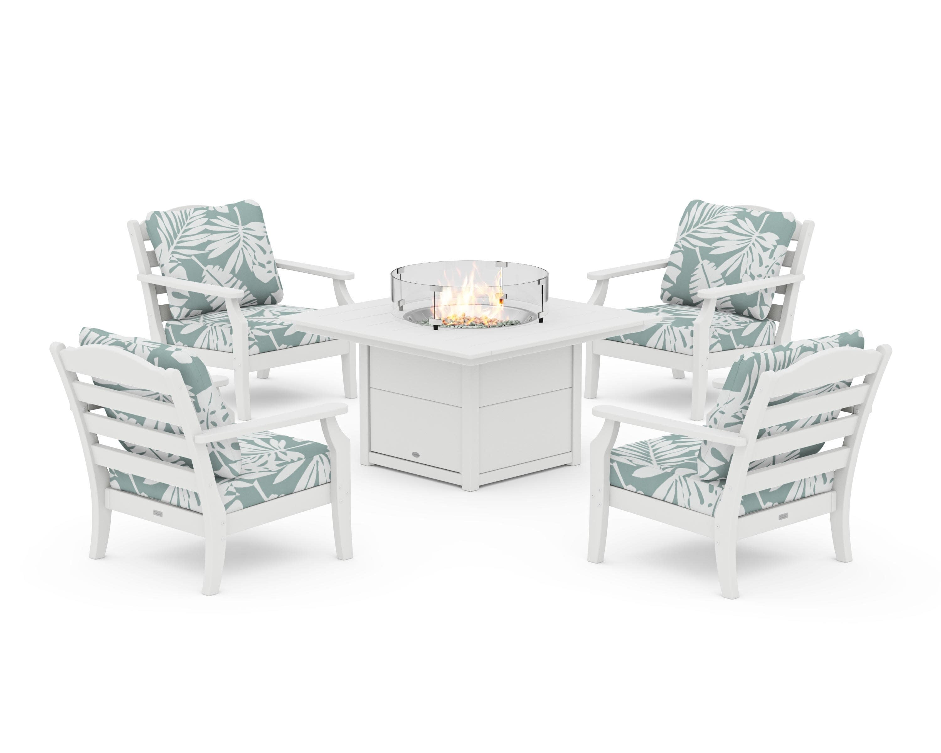 Savannah 5-Piece Deep Seating Set with Fire Pit Table in White / Leaf Glacier Spa