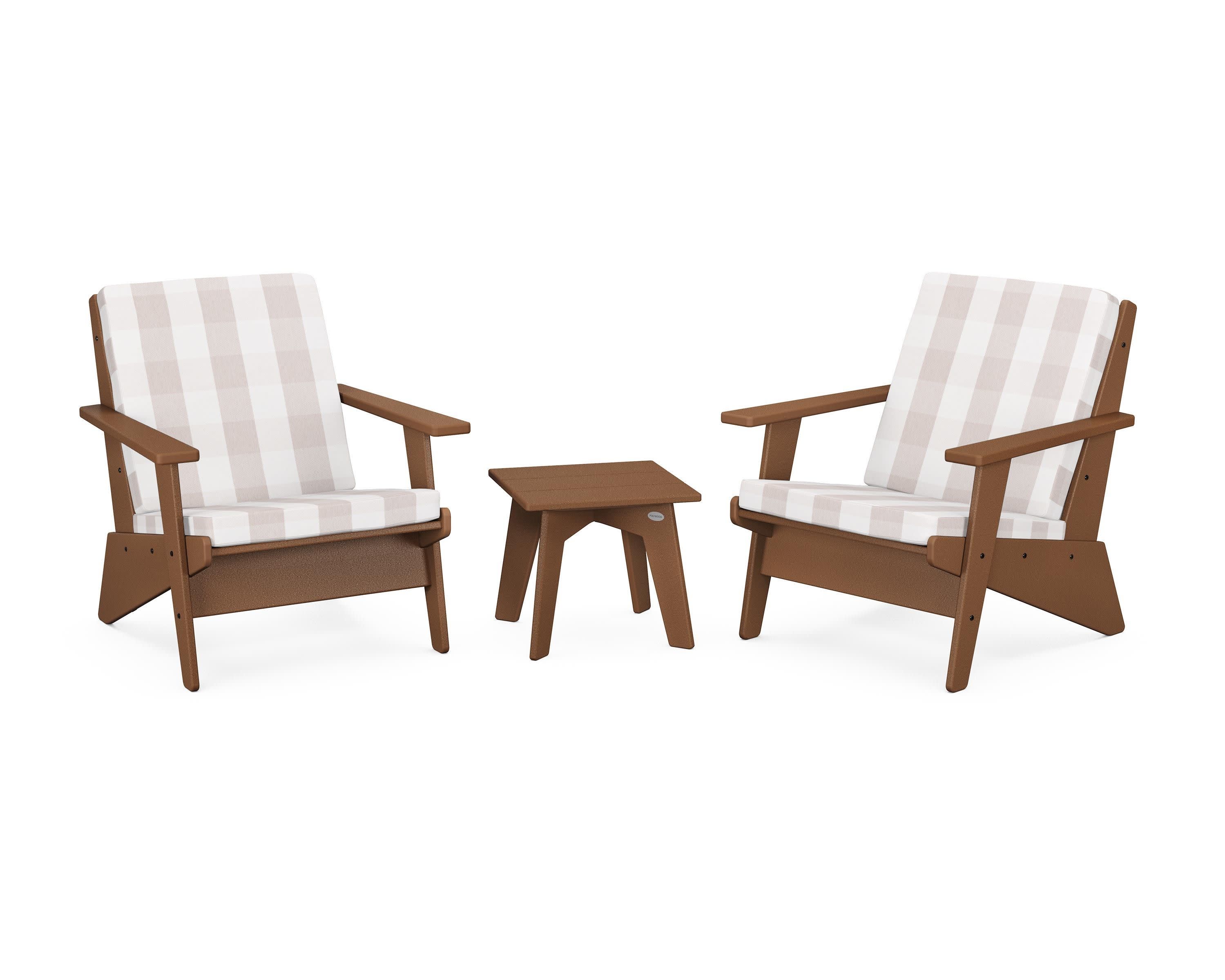 Riviera Modern Lounge 3-Piece Set in Teak / Buffalo Plaid Dune Burlap