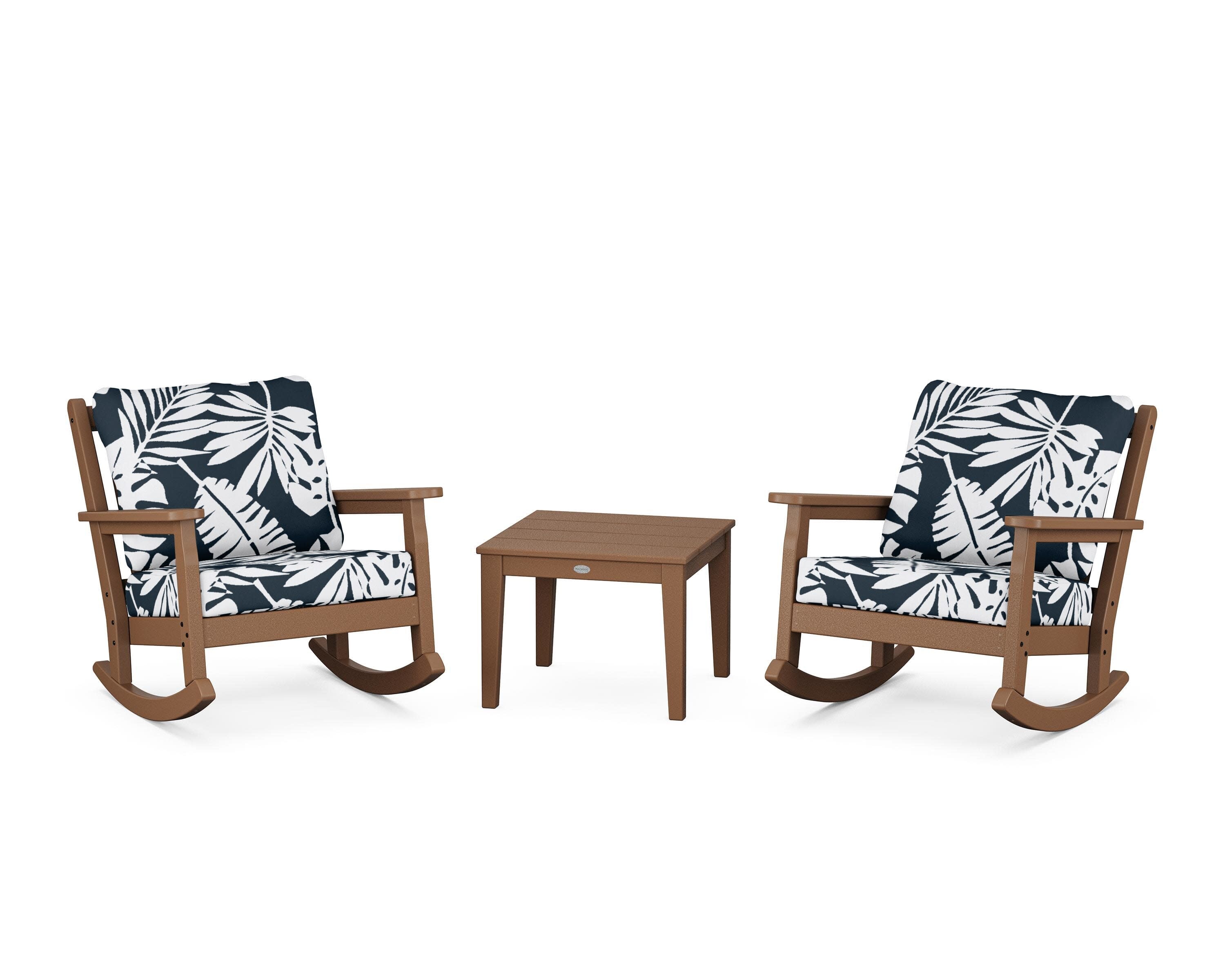 Chippendale 3-Piece Deep Seating Rocker Set in Teak / Leaf Marine Indigo