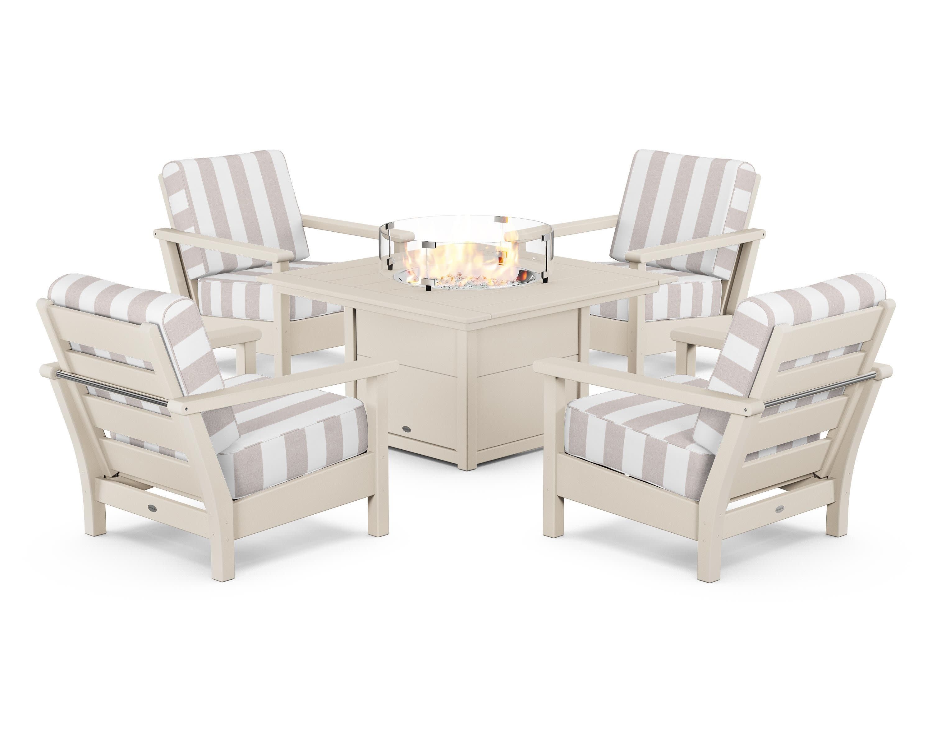 Harbour 5-Piece Conversation Set with Fire Pit Table in Sand / Cabana Stripe Dune Burlap