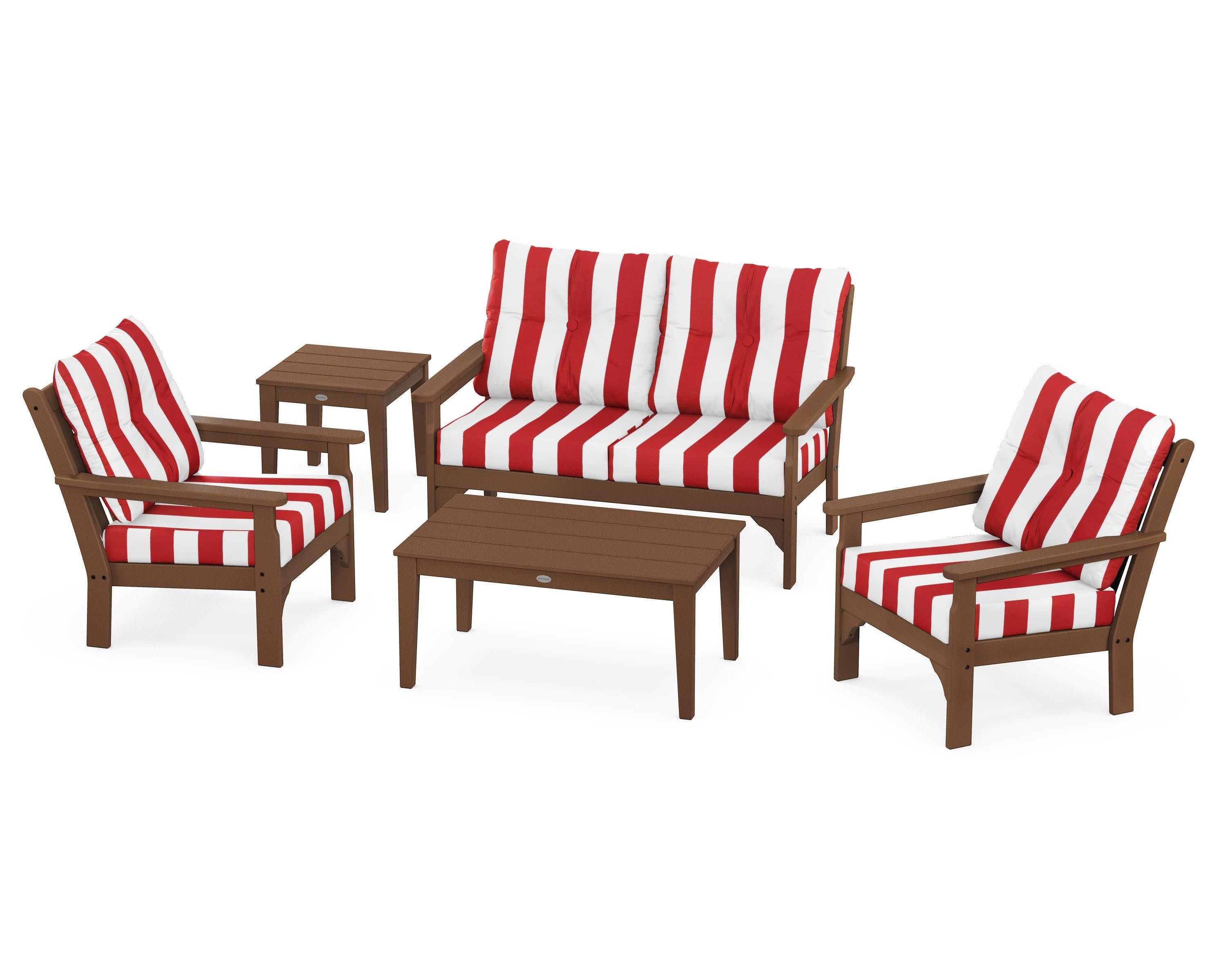 Vineyard 5-Piece Deep Seating Set in Teak / Cabana Stripe Crimson