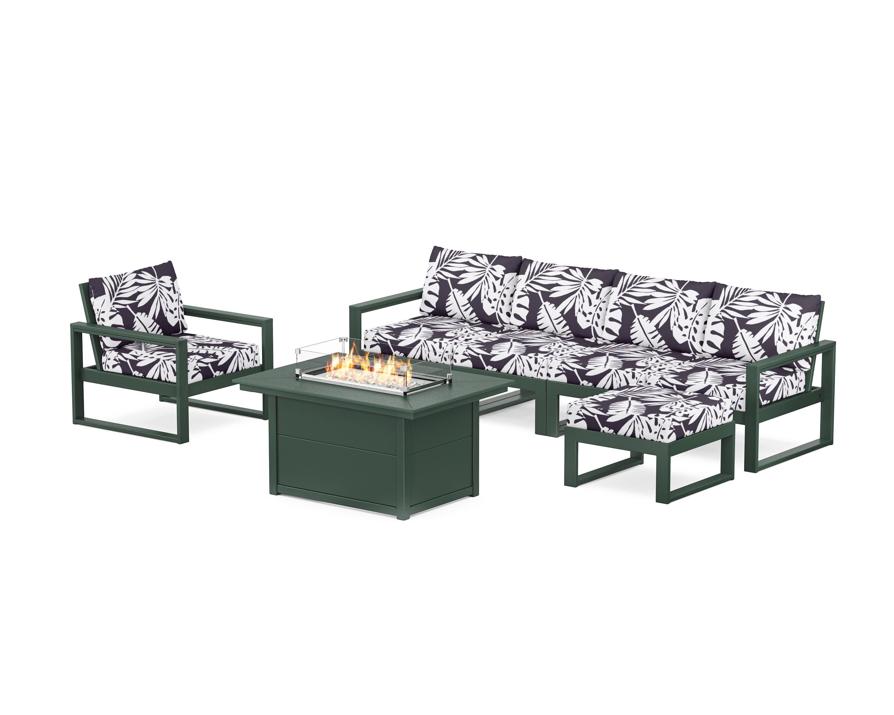 EDGE Sectional Lounge and Fire Pit Set in Green / Leaf Navy