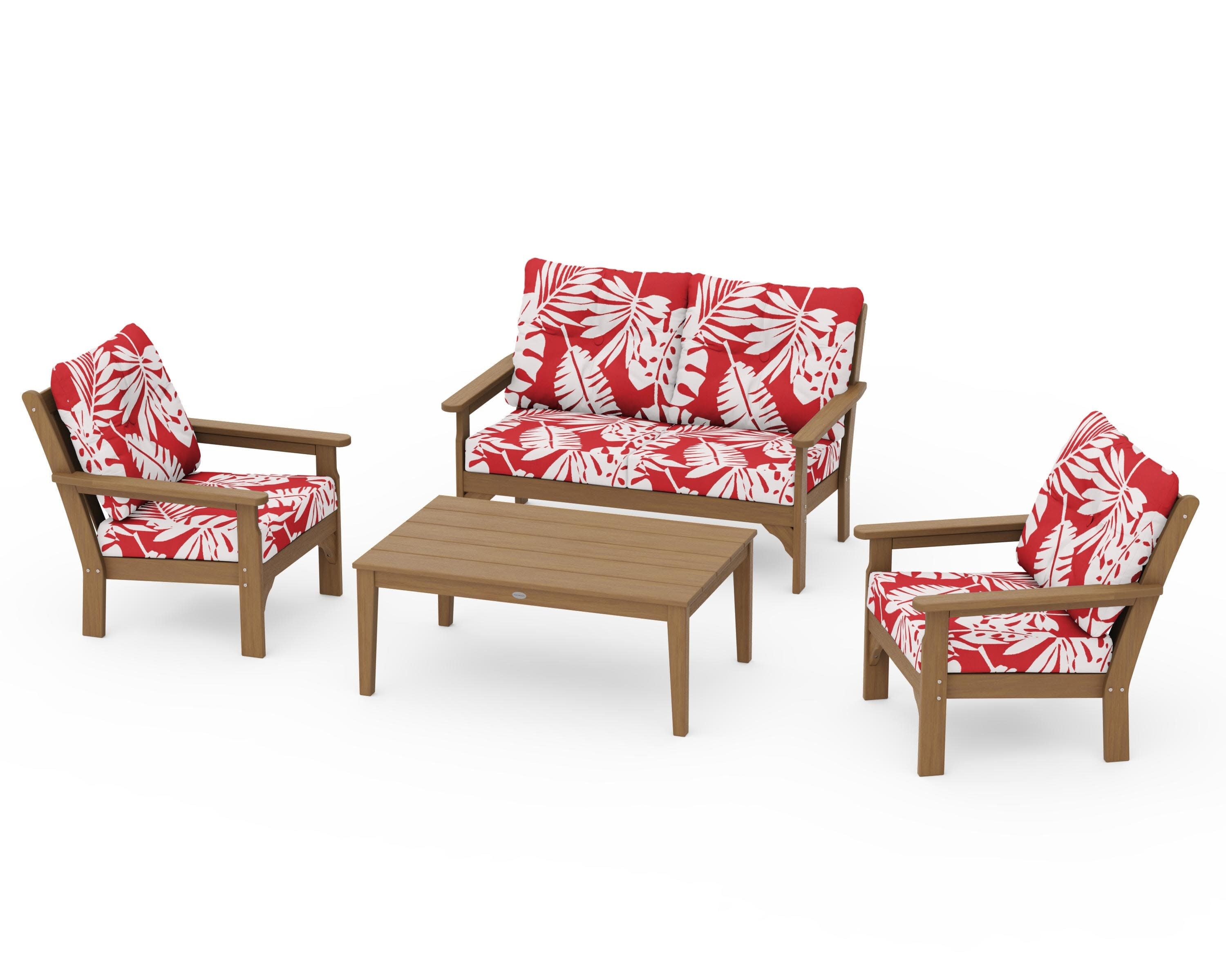 Vineyard 4-Piece Deep Seating Set in Natural / Leaf Crimson