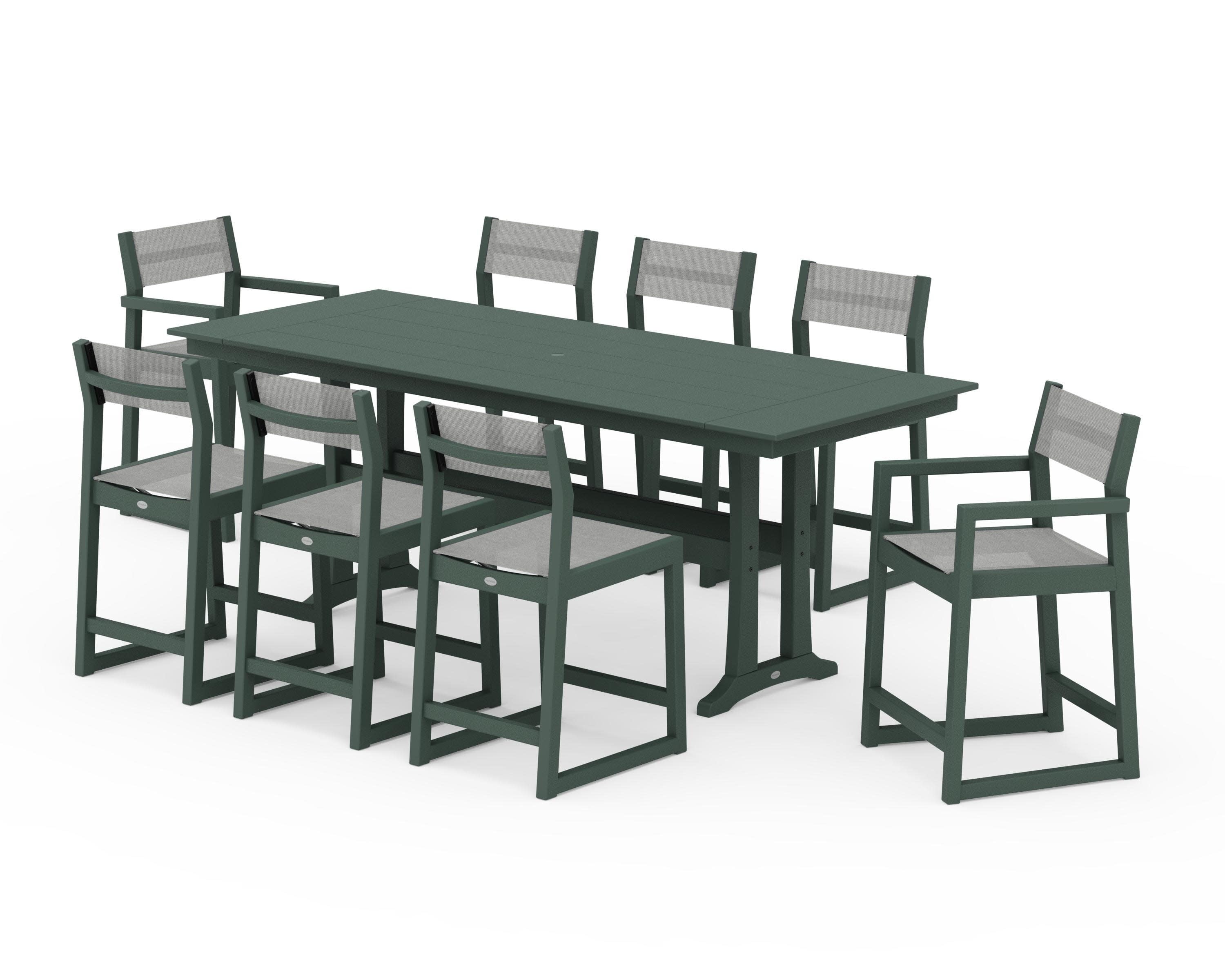 EDGE Sling 9-Piece Farmhouse Counter Set with Trestle Legs in Green / Metallic Sling