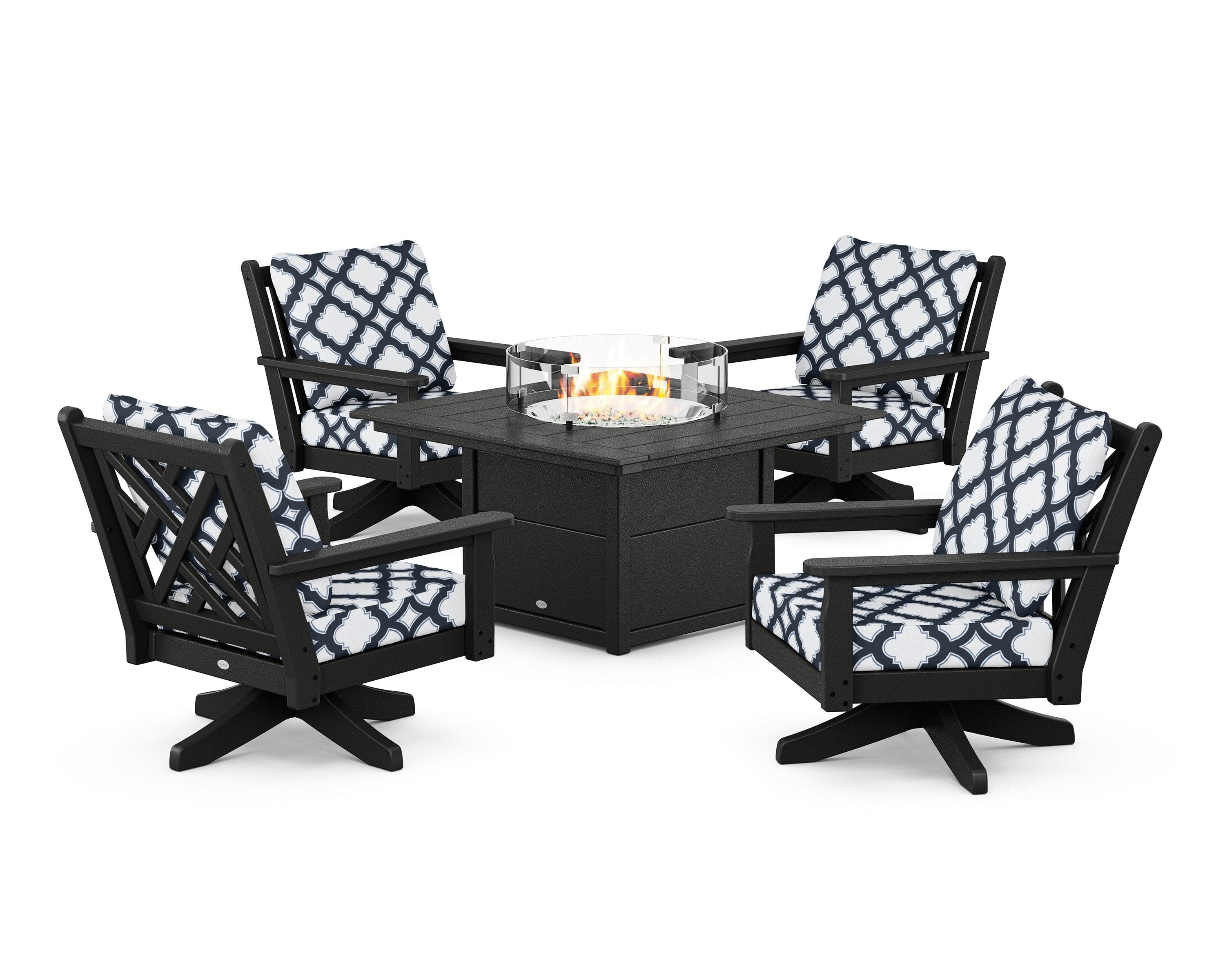 Chippendale 5-Piece Deep Seating Swivel Conversation Set with Fire Pit Table in Black / Trellis Marine Indigo