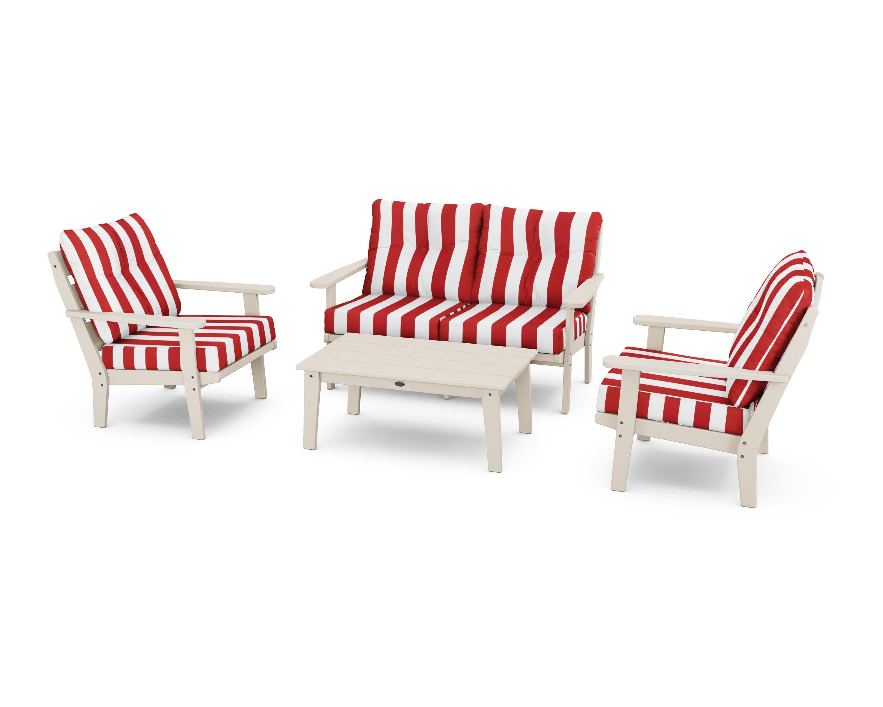 Lakeside 4-Piece Deep Seating Set in Sand / Cabana Stripe Crimson