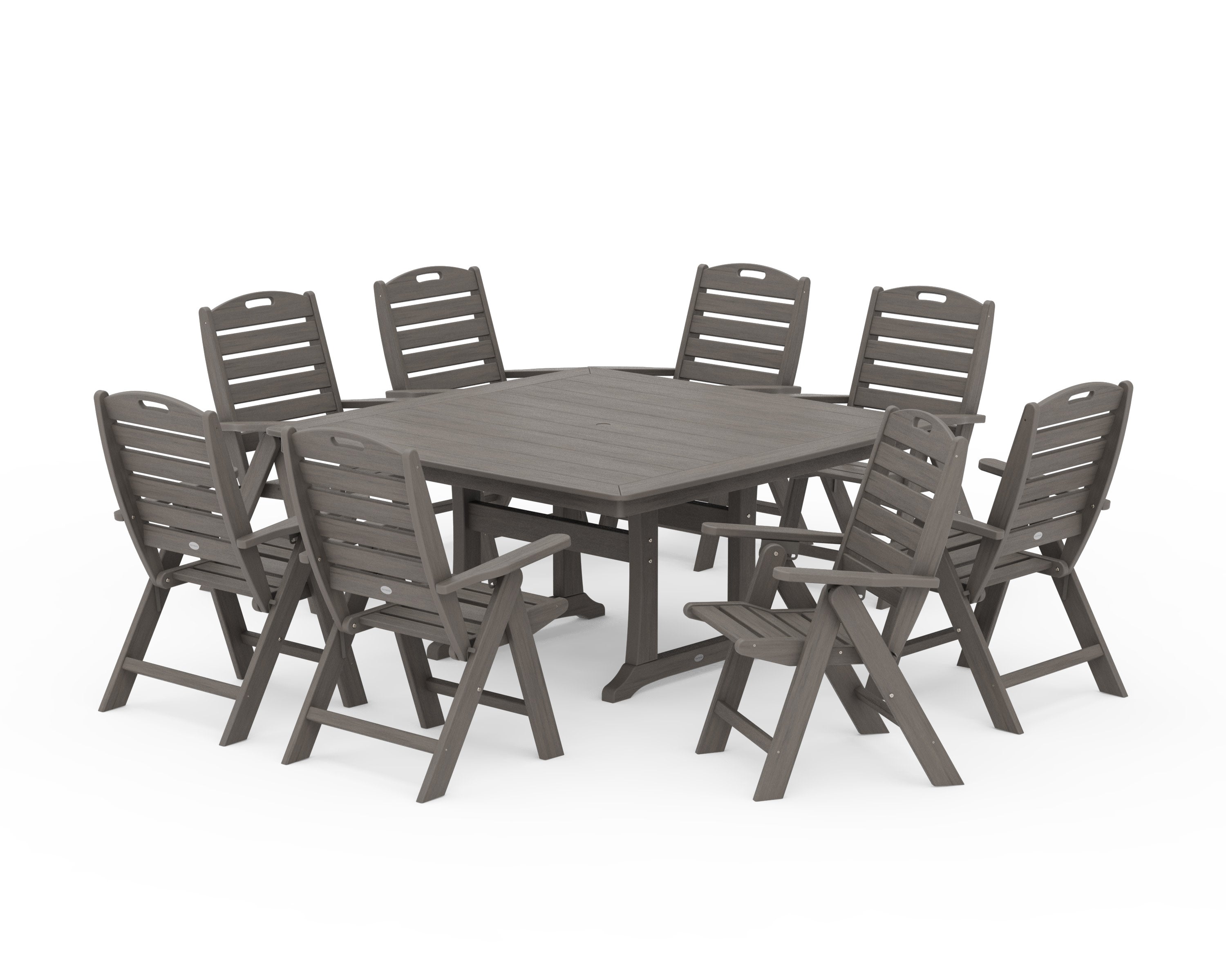 Nautical Highback 9-Piece Square Dining Set with Trestle Legs in Driftwood