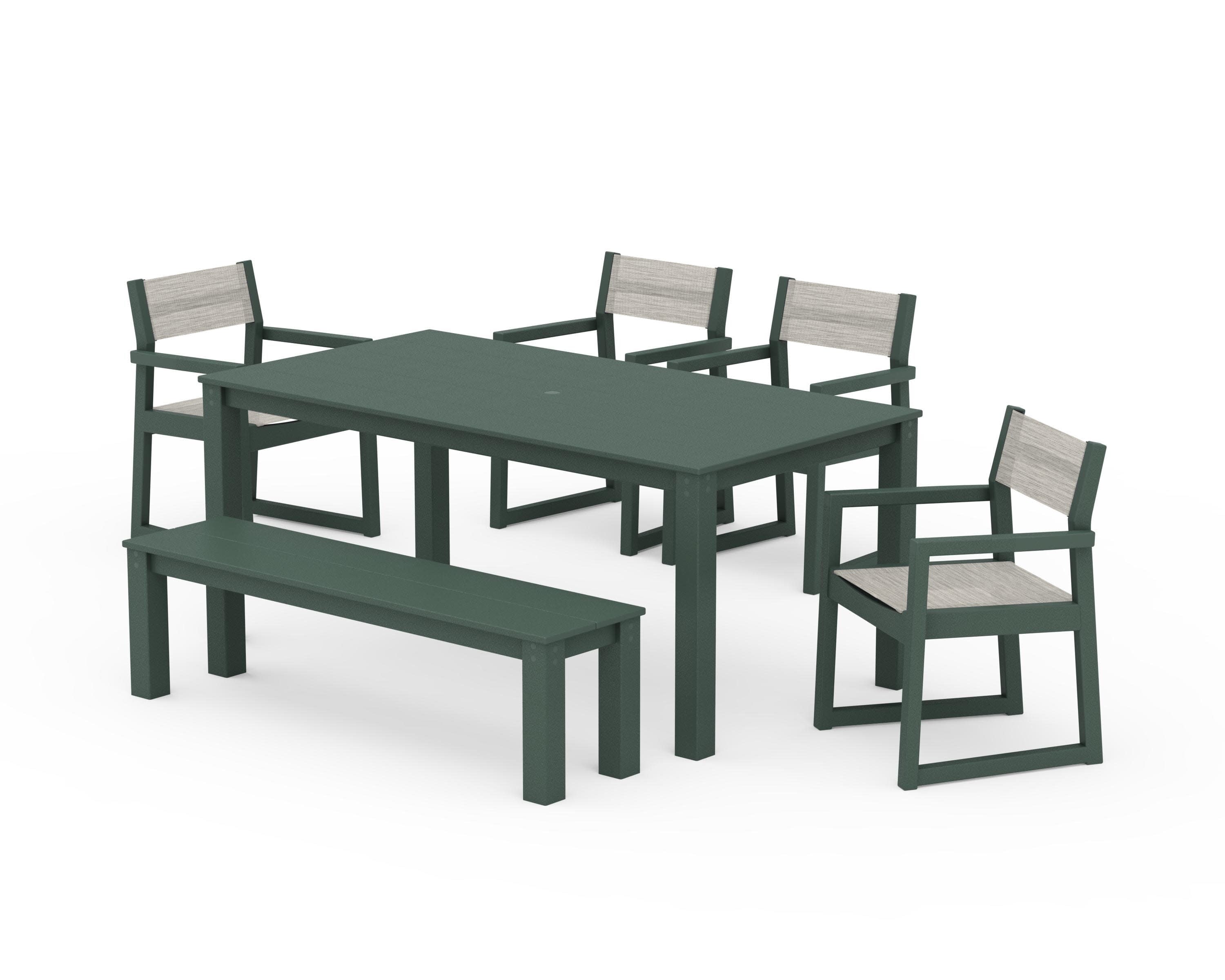 EDGE Sling Arm Chair 6-Piece Parsons Dining Set with Bench in Green / Birch Sling