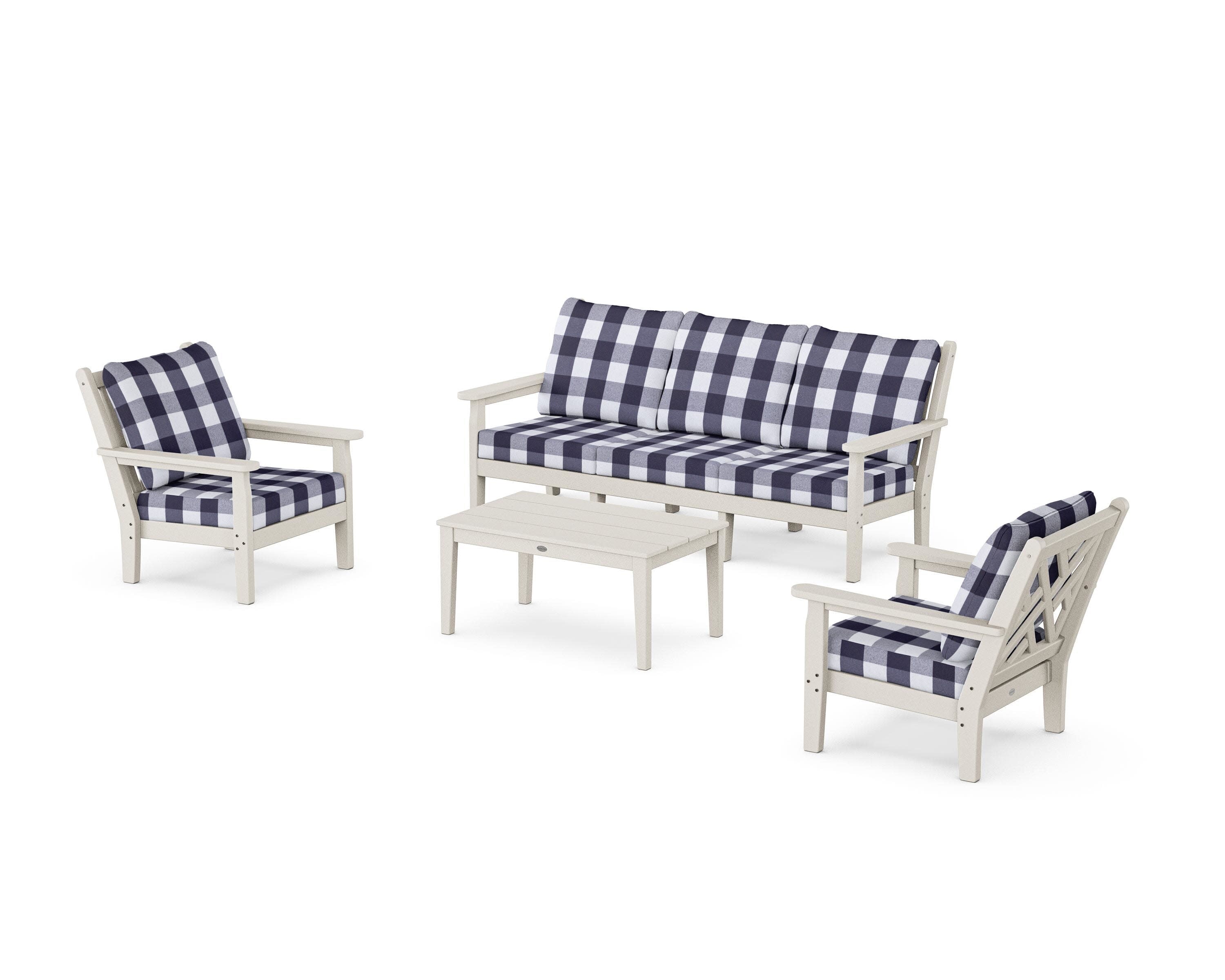 Chippendale 4-Piece Deep Seating Set with Sofa in Sand / Buffalo Plaid Navy