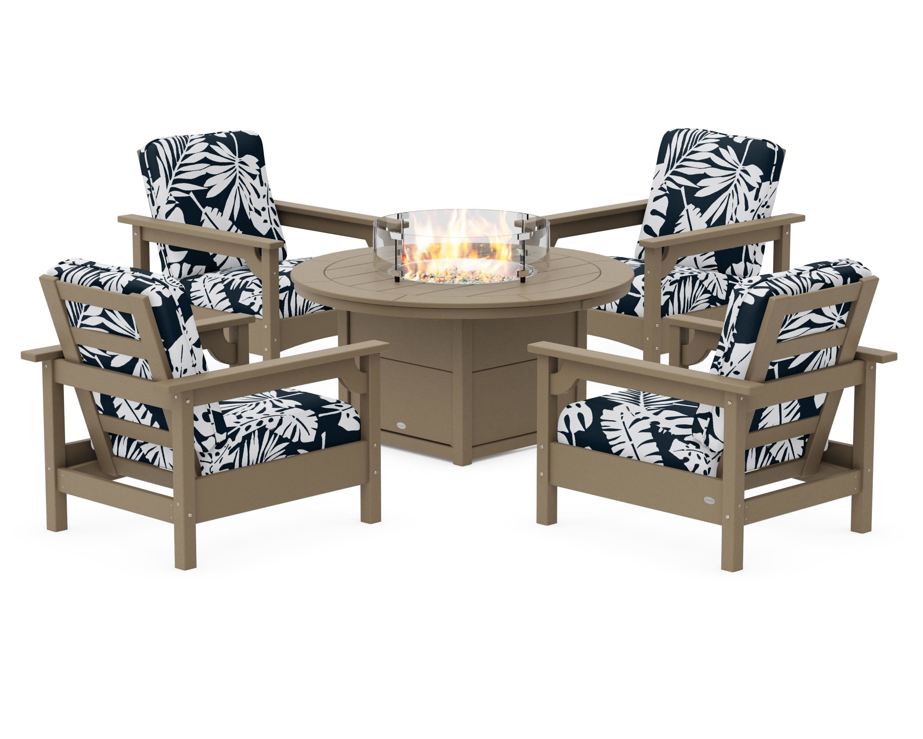 Club 5-Piece Conversation Set with Fire Pit Table in Vintage Sahara / Leaf Marine Indigo