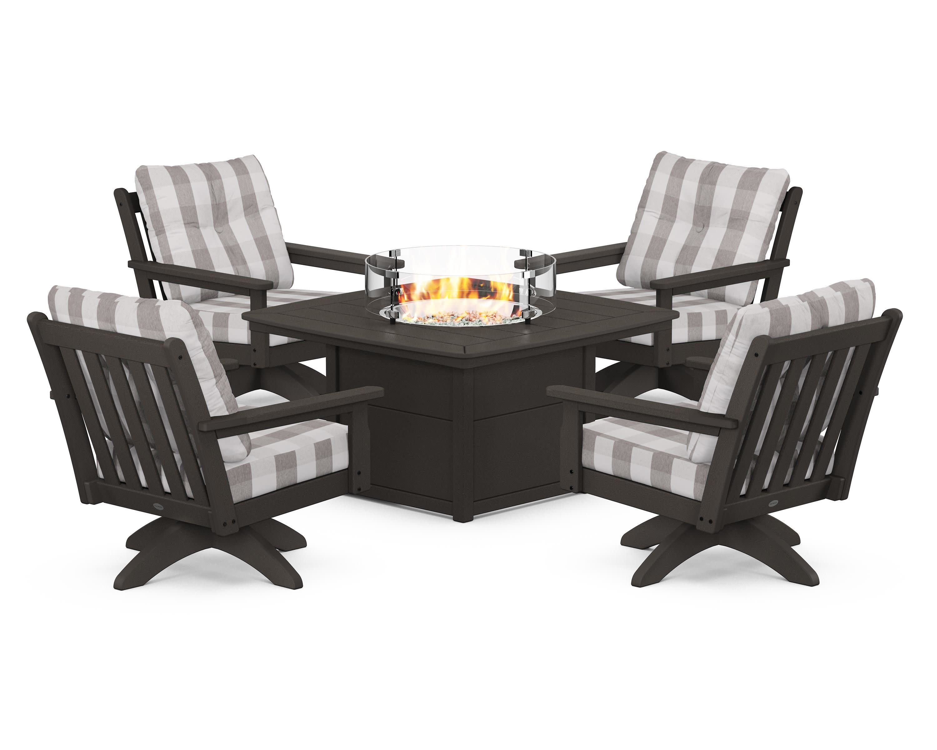 Vineyard 5-Piece Deep Seating Swivel Conversation Set with Fire Pit Table in Vintage Coffee / Buffalo Plaid Grey Mist