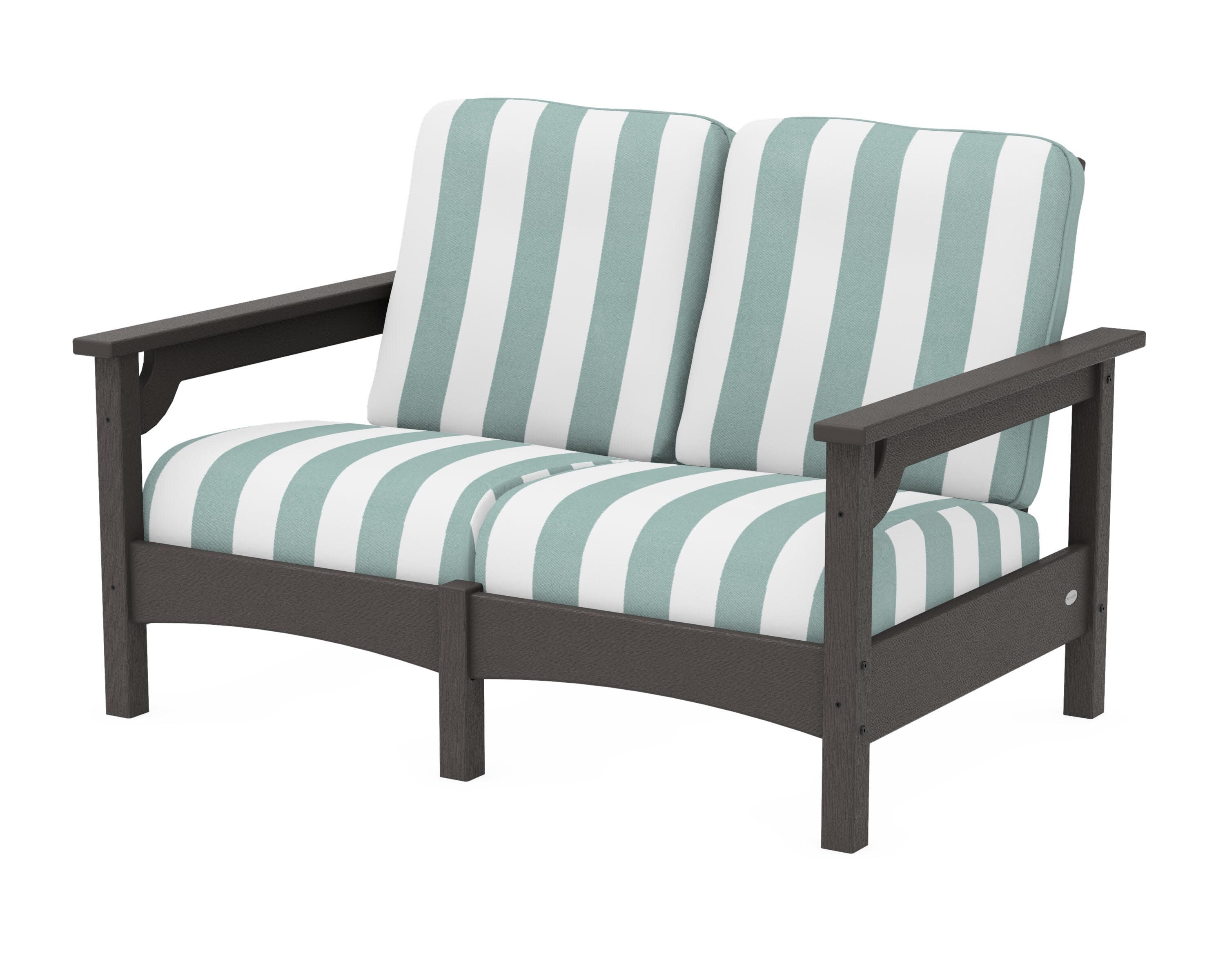 Club Loveseat in Vintage Coffee / Cabana Stripe Glacier Spa