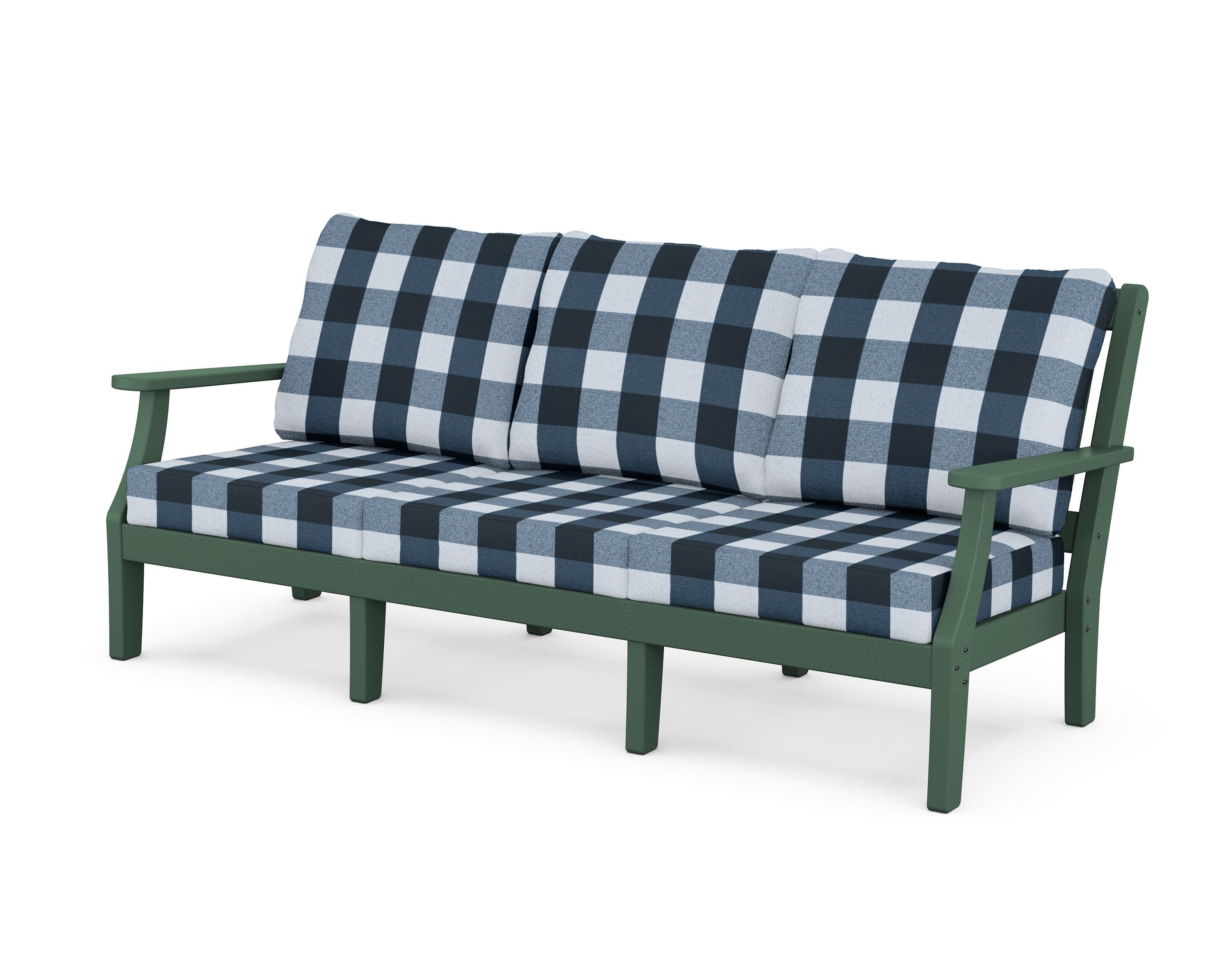 Chinoiserie Deep Seating Sofa in Green / Buffalo Plaid Marine Indigo