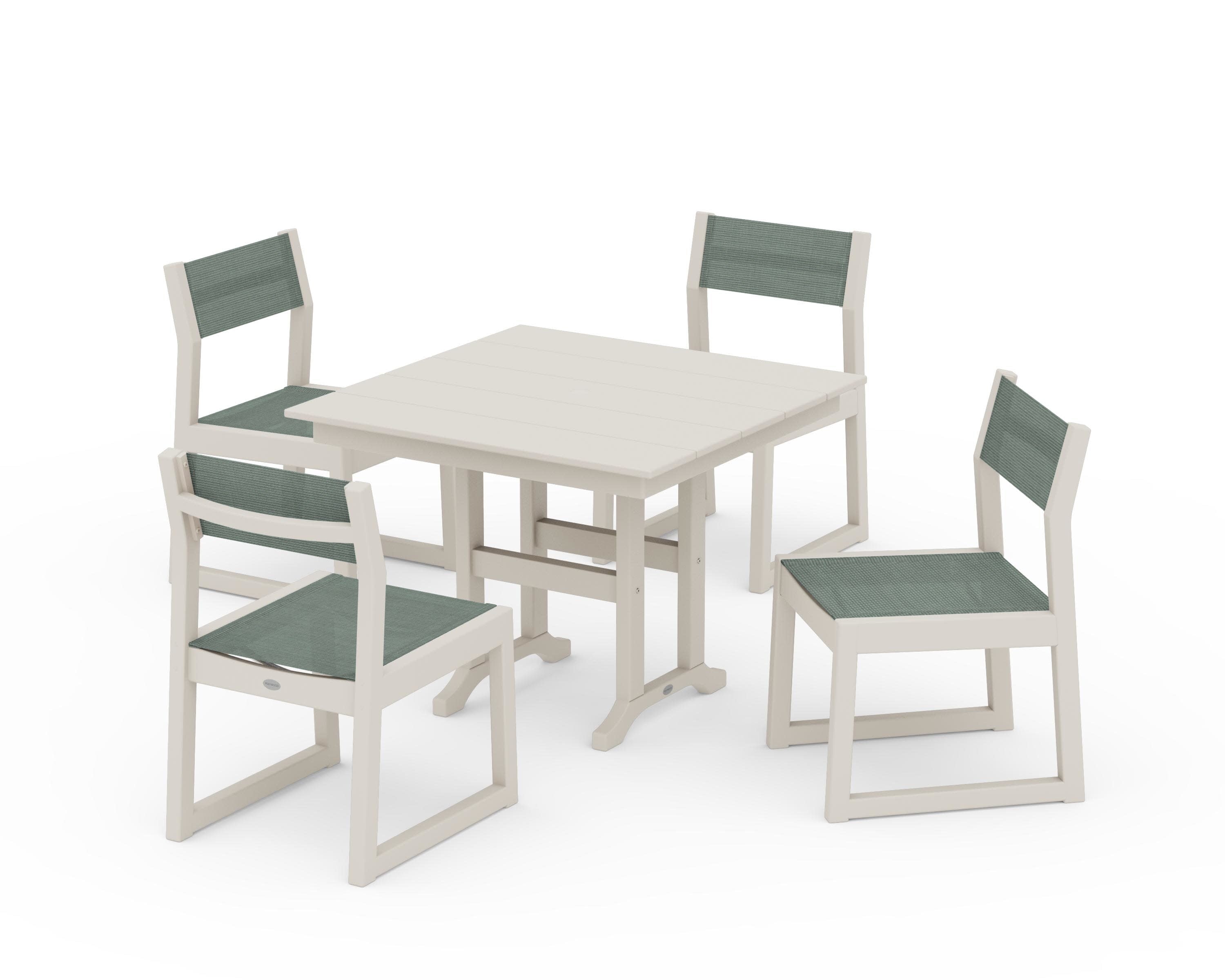 EDGE Sling Side Chair 5-Piece Farmhouse Dining Set in Sand / Dupioni Sea Mist Sling