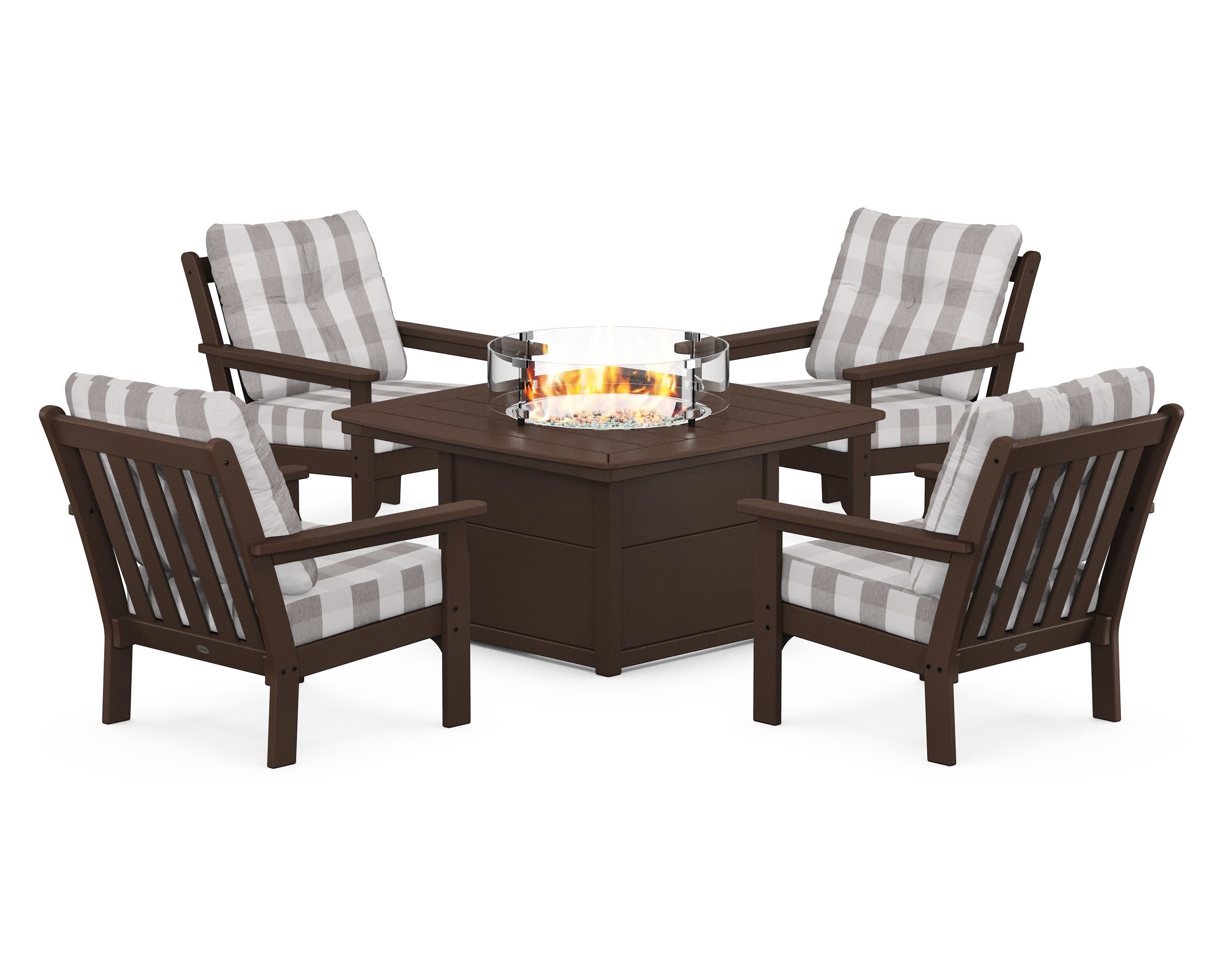 Vineyard 5-Piece Conversation Set with Fire Pit Table in Mahogany / Buffalo Plaid Grey Mist
