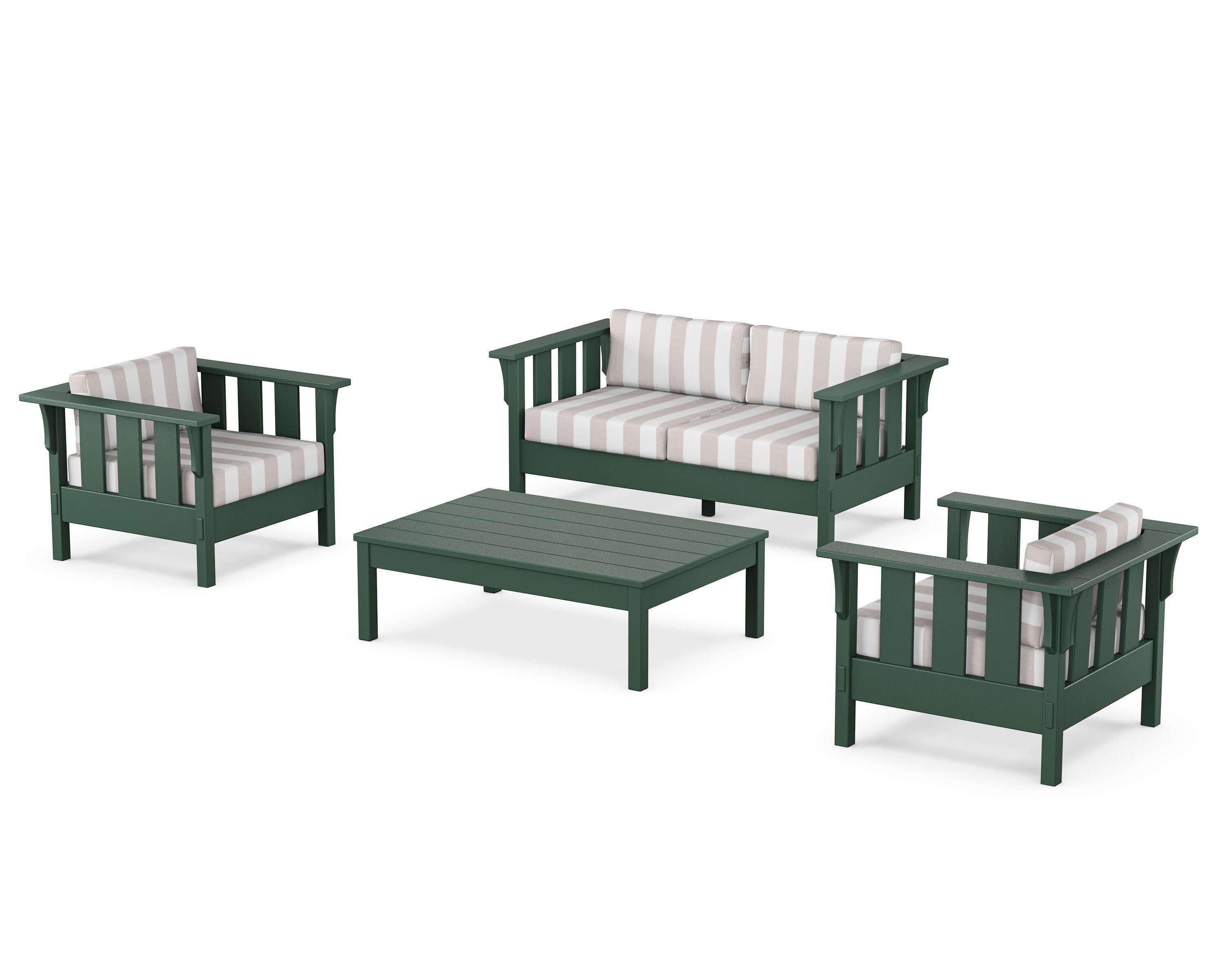 Acadia 4-Piece Deep Seating Set with Loveseat in Green / Cabana Stripe Dune Burlap