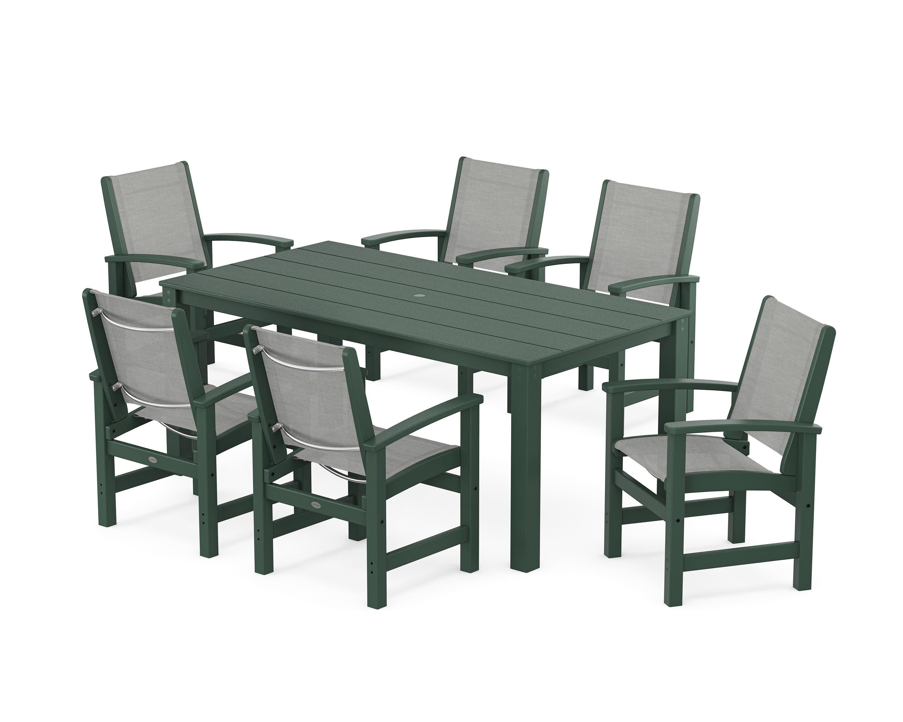 Coastal 7-Piece Parsons Dining Set in Green / Metallic Sling