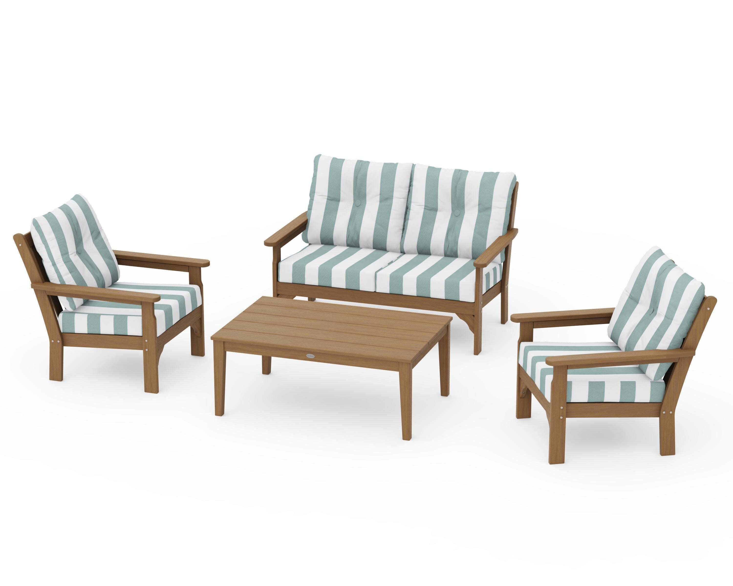 Vineyard 4-Piece Deep Seating Set in Natural / Cabana Stripe Glacier Spa
