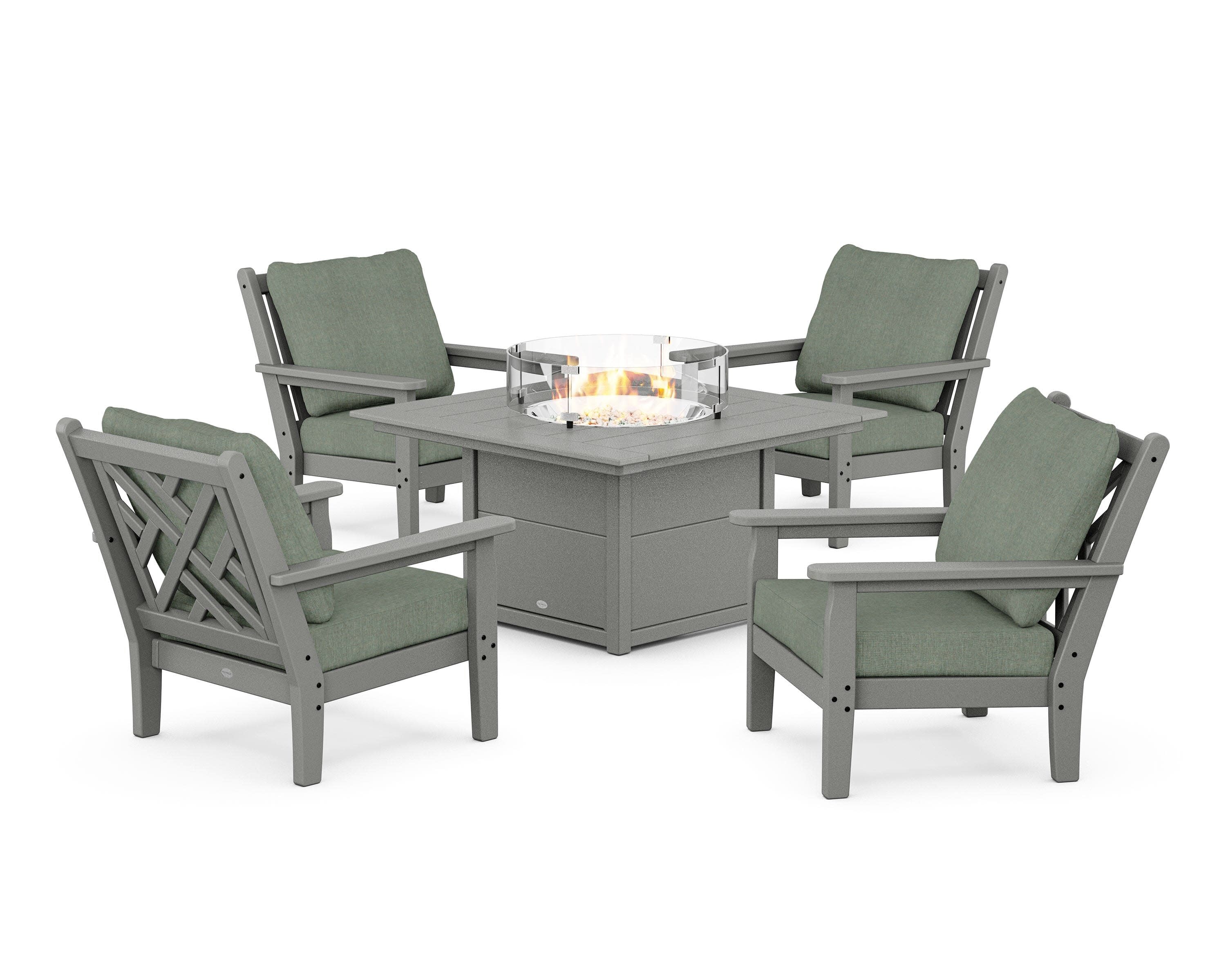 Chippendale 5-Piece Deep Seating Set with Fire Pit Table in Slate Grey / Cast Sage