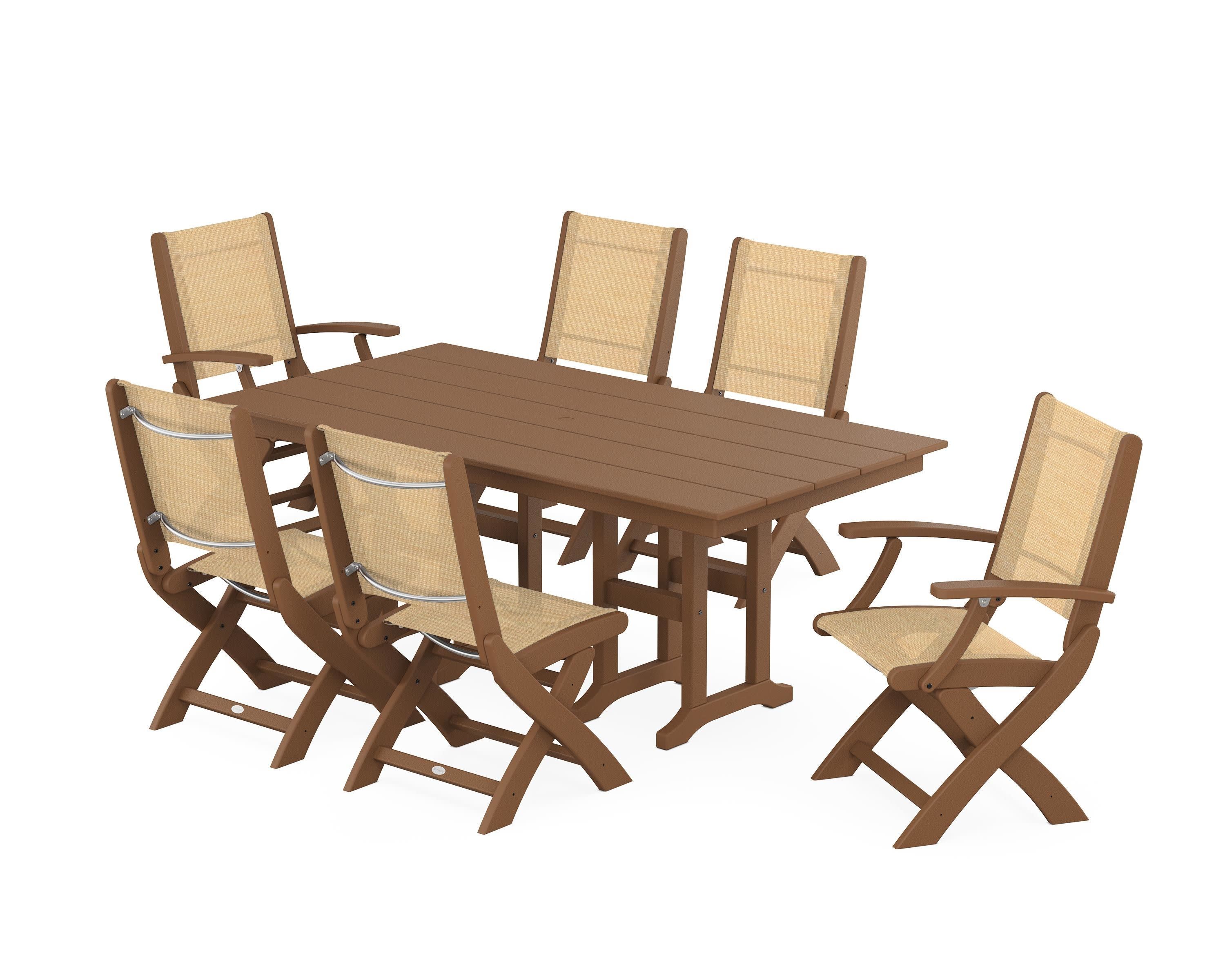 Coastal Folding Chair 7-Piece Farmhouse Dining Set in Teak / Dupioni Apricot Sling
