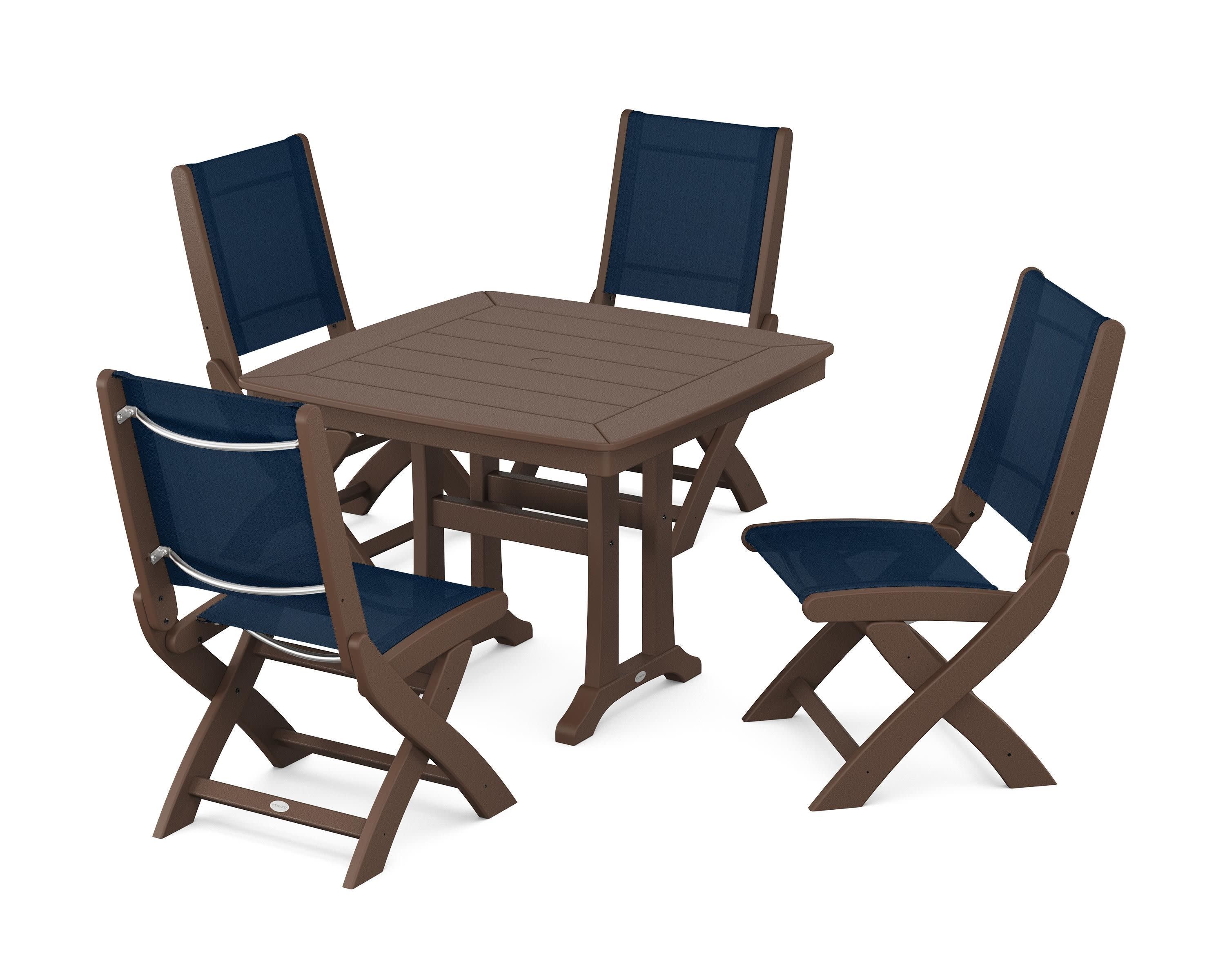 Coastal Folding Side Chair 5-Piece Dining Set with Trestle Legs in Mahogany / Navy Blue Sling
