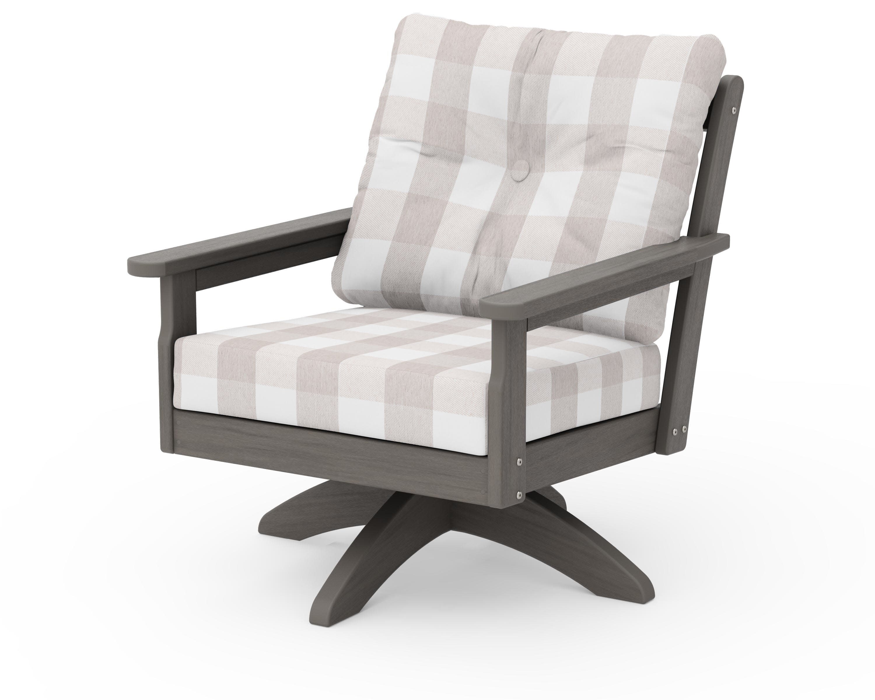 Vineyard Deep Seating Swivel Chair in Driftwood / Buffalo Plaid Dune Burlap