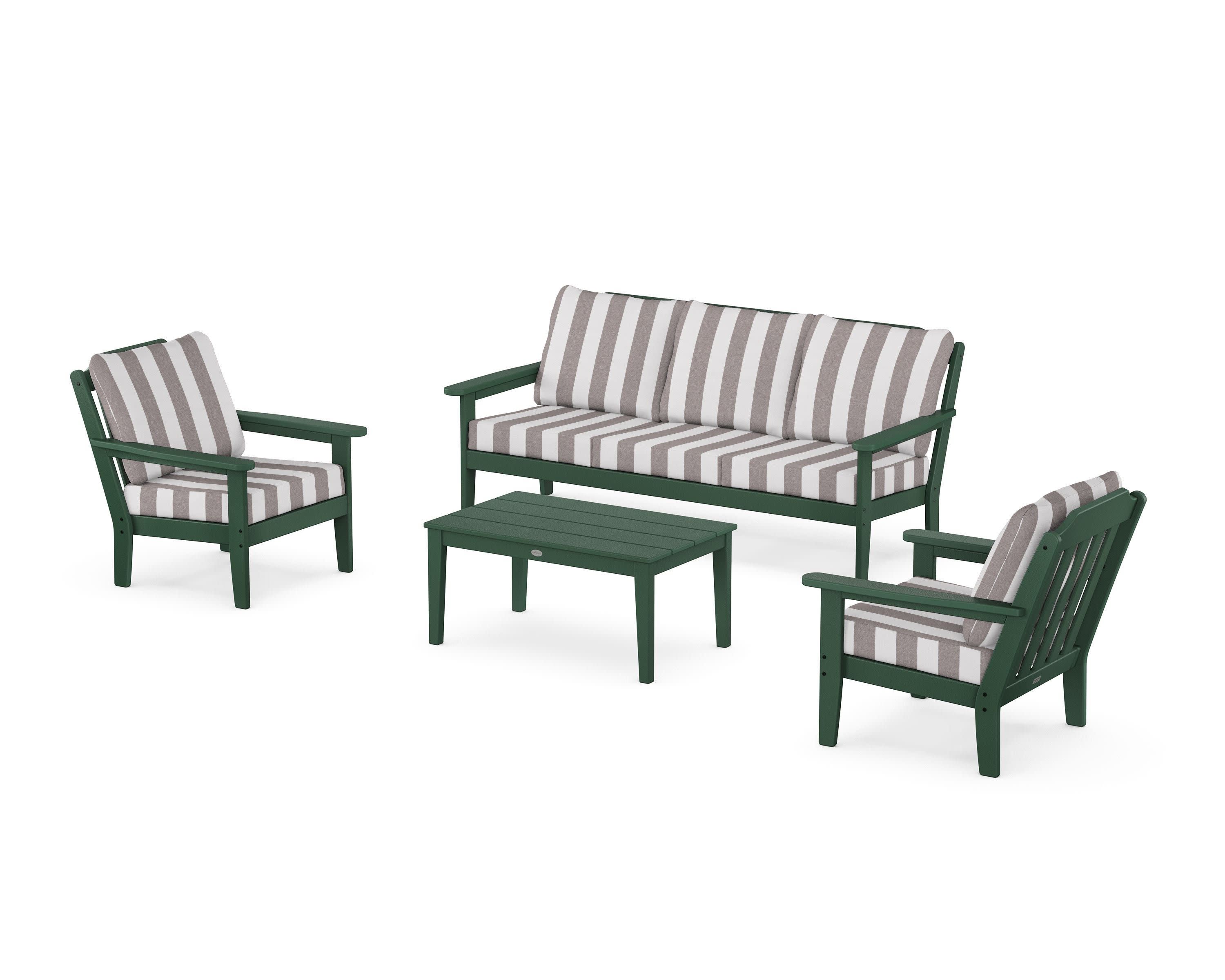 Cottage 4-Piece Deep Seating Set with Sofa in Green / Cabana Stripe Grey Mist