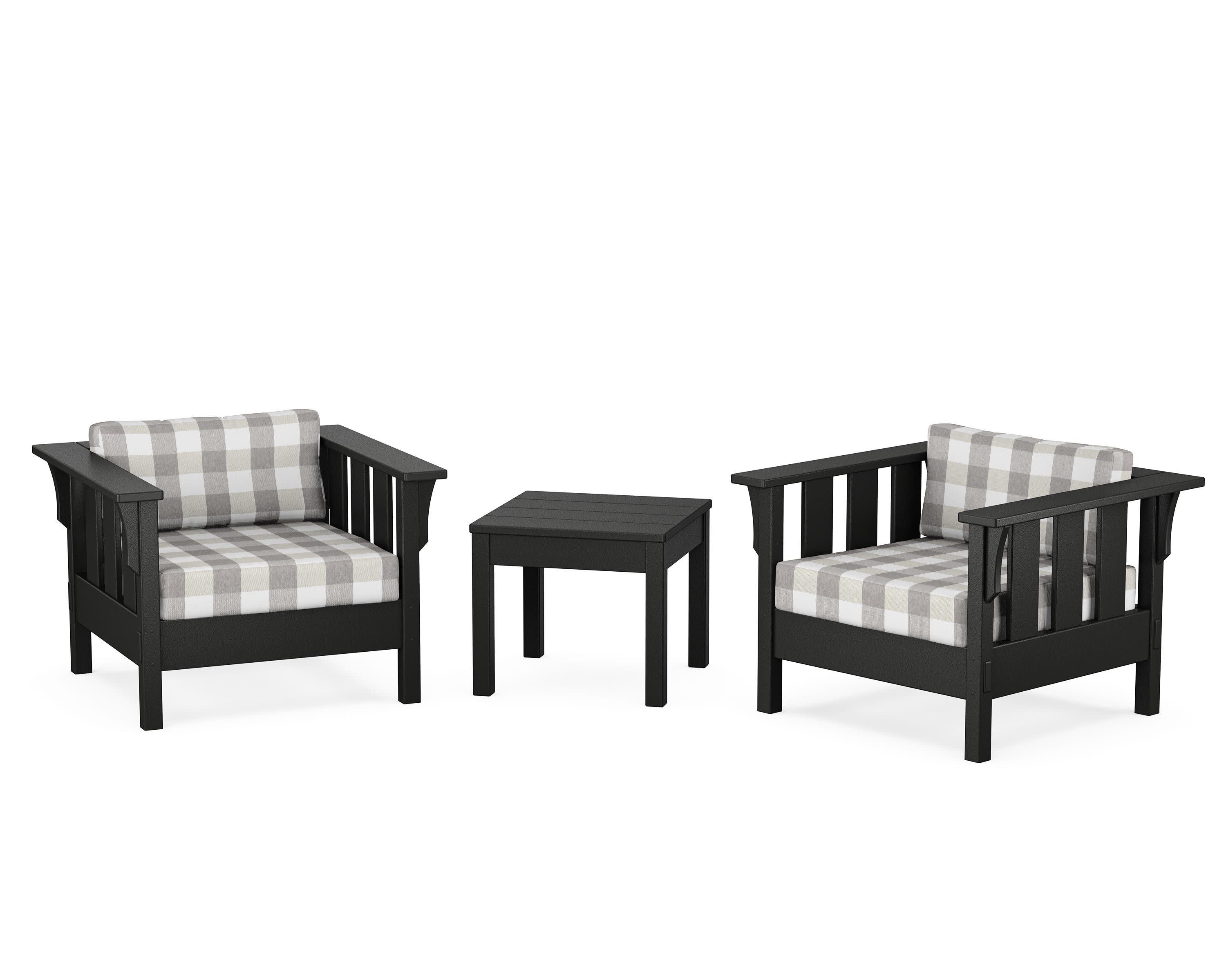 Acadia 3-Piece Deep Seating Set in Black / Buffalo Plaid Grey Mist