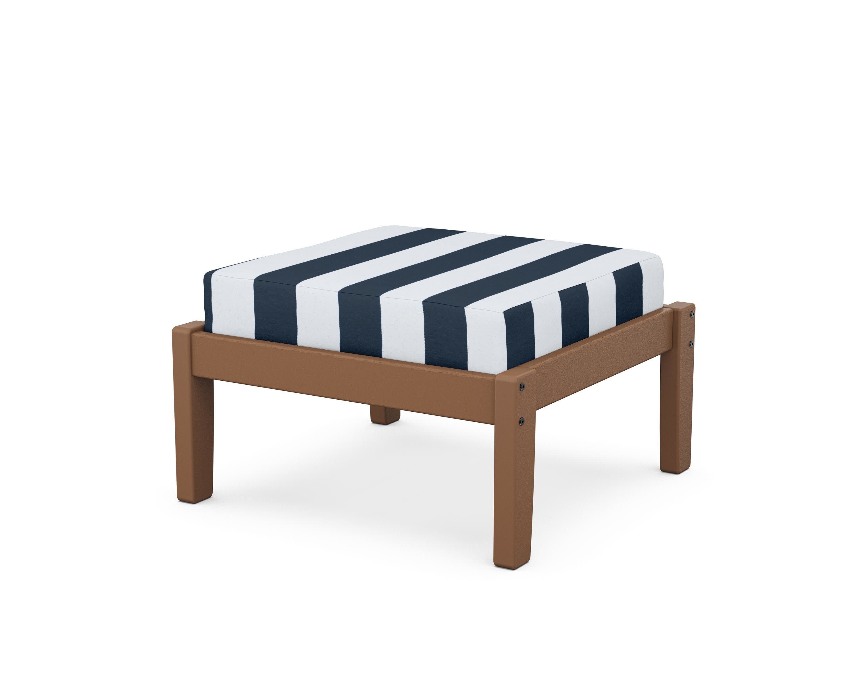 Deep Seating Ottoman in Teak / Cabana Stripe Marine Indigo