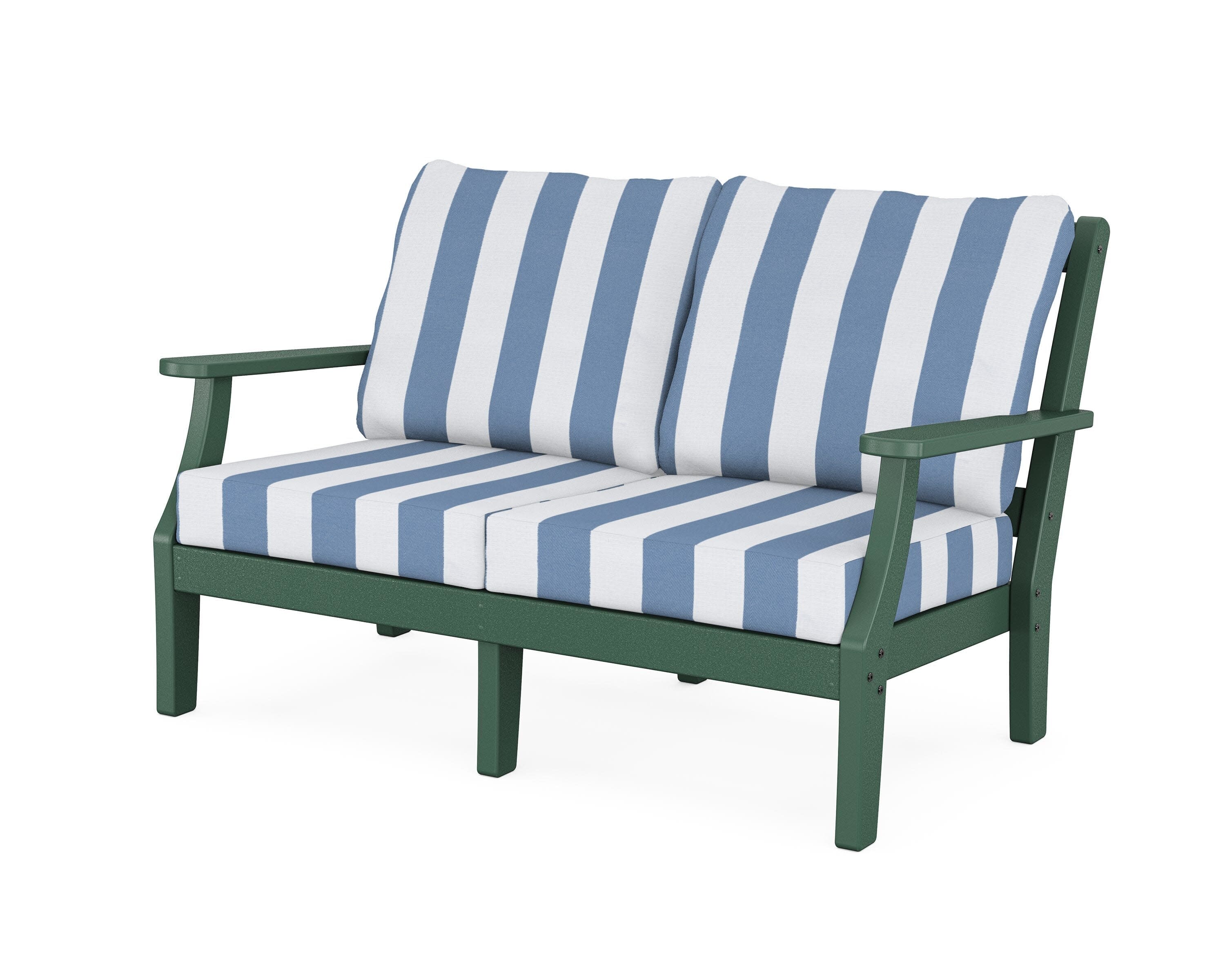 Chinoiserie Deep Seating Loveseat in Green / Cabana Stripe Sky Blue